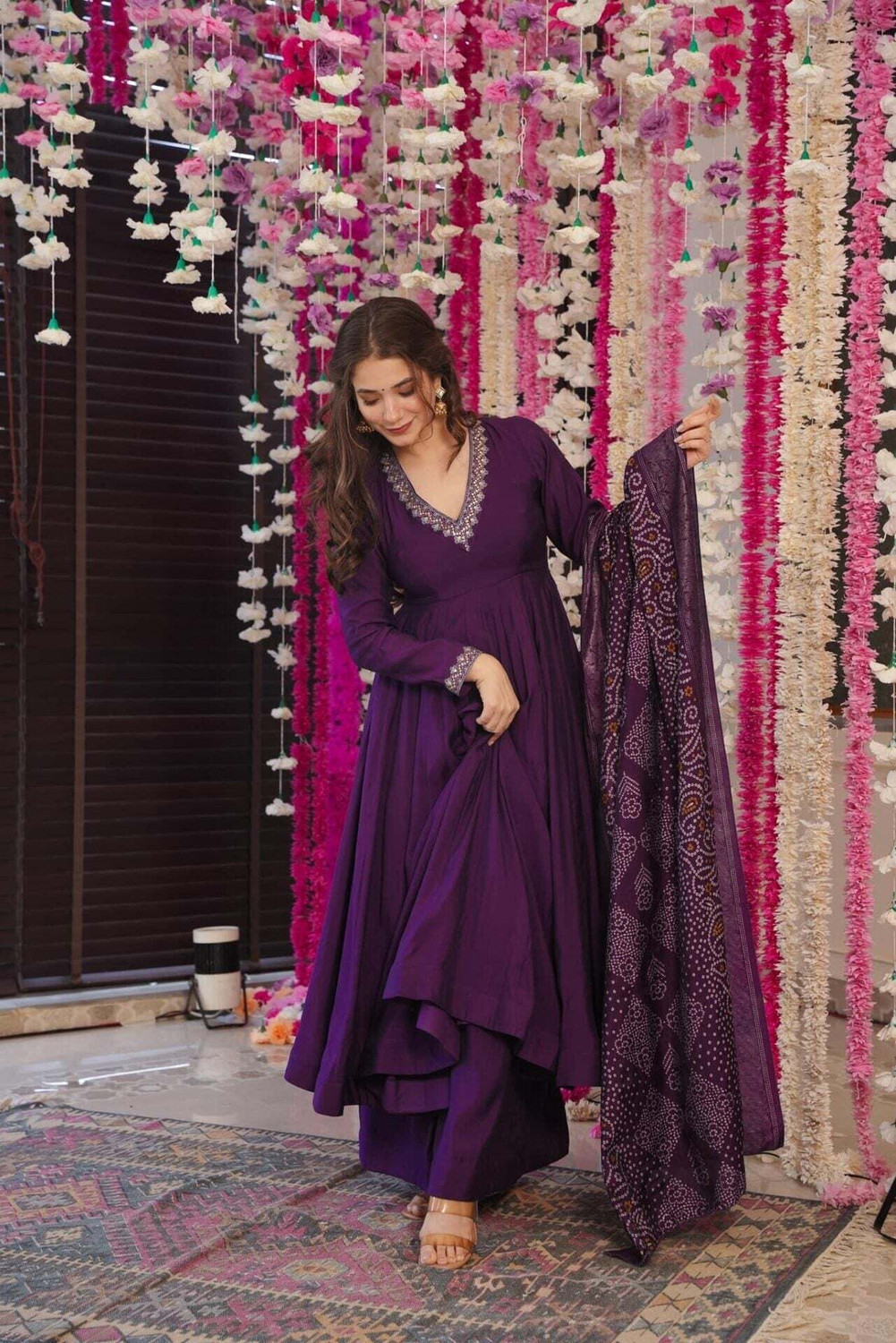 Image of Vastrangam Solid Anarkali Kurta, Bottom & Dupatta Set