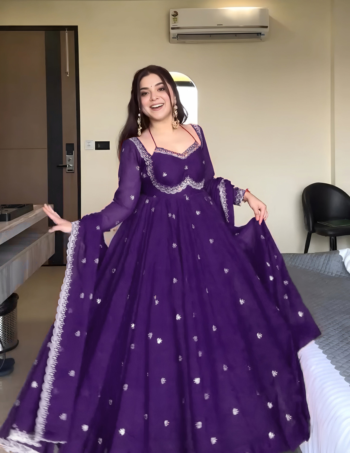 Image of Krisio Purple Embroidered Georgette Anarkali Kurta Set with Dupatta Printed Anarkali Kurta, Bottom & Dupatta Set
