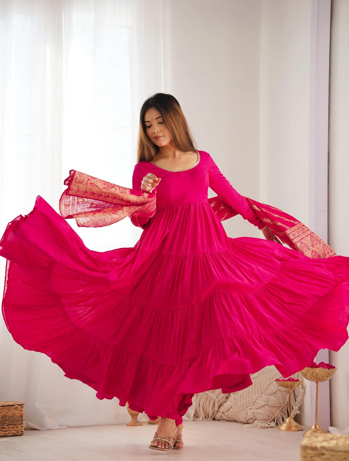 Image of LOKITA WORLD Solid Anarkali Kurta, Bottom & Dupatta Set