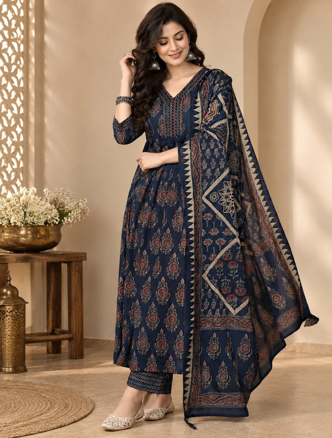 Image of Oumad Printed Kurta, Palazzo & Dupatta Set