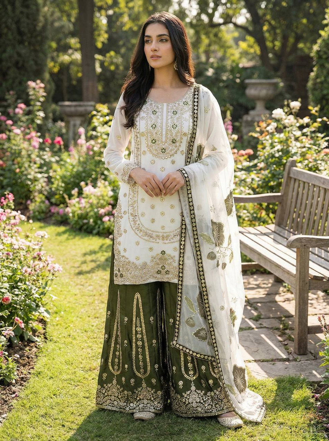 Nepyun Collection Embroidered Kurta, Palazzo & Dupatta Set