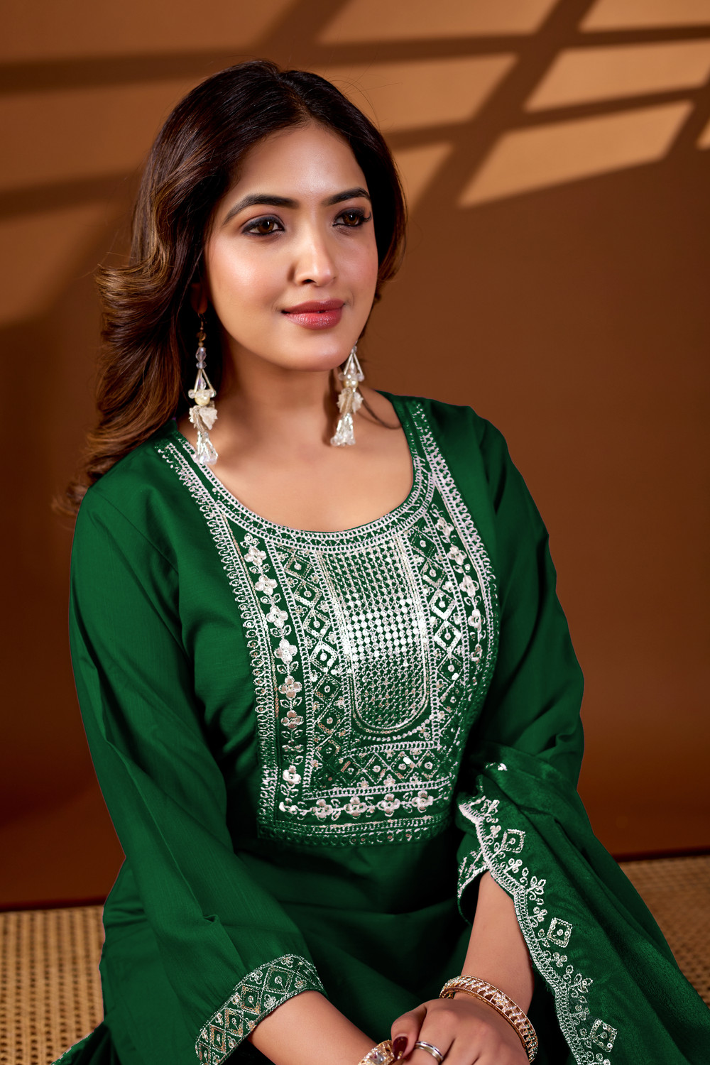 Image of DHARM CREATIONS Embroidered Kurta, Trouser /Pant & Dupatta Set