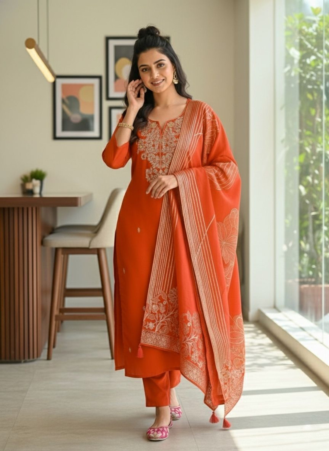 Image of RUTABO Embroidered Kurta, Trouser /Pant & Dupatta Set
