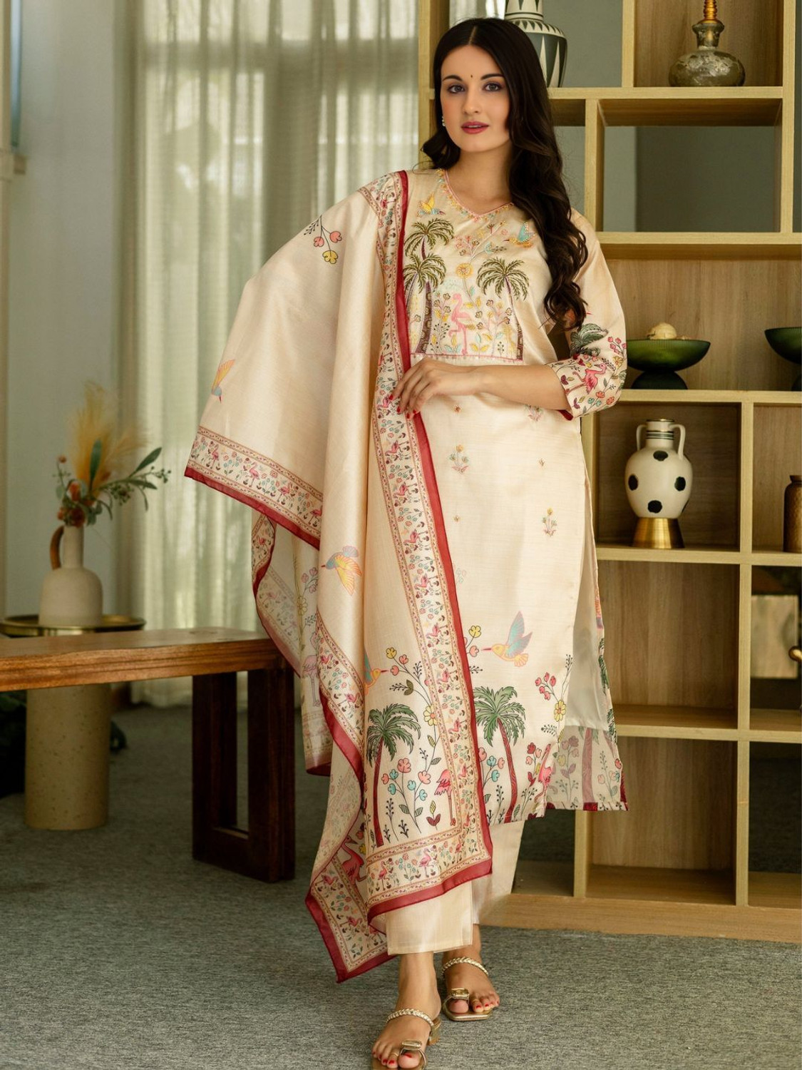 Image of clothstory Printed Kurta, Trouser /Pant & Dupatta Set