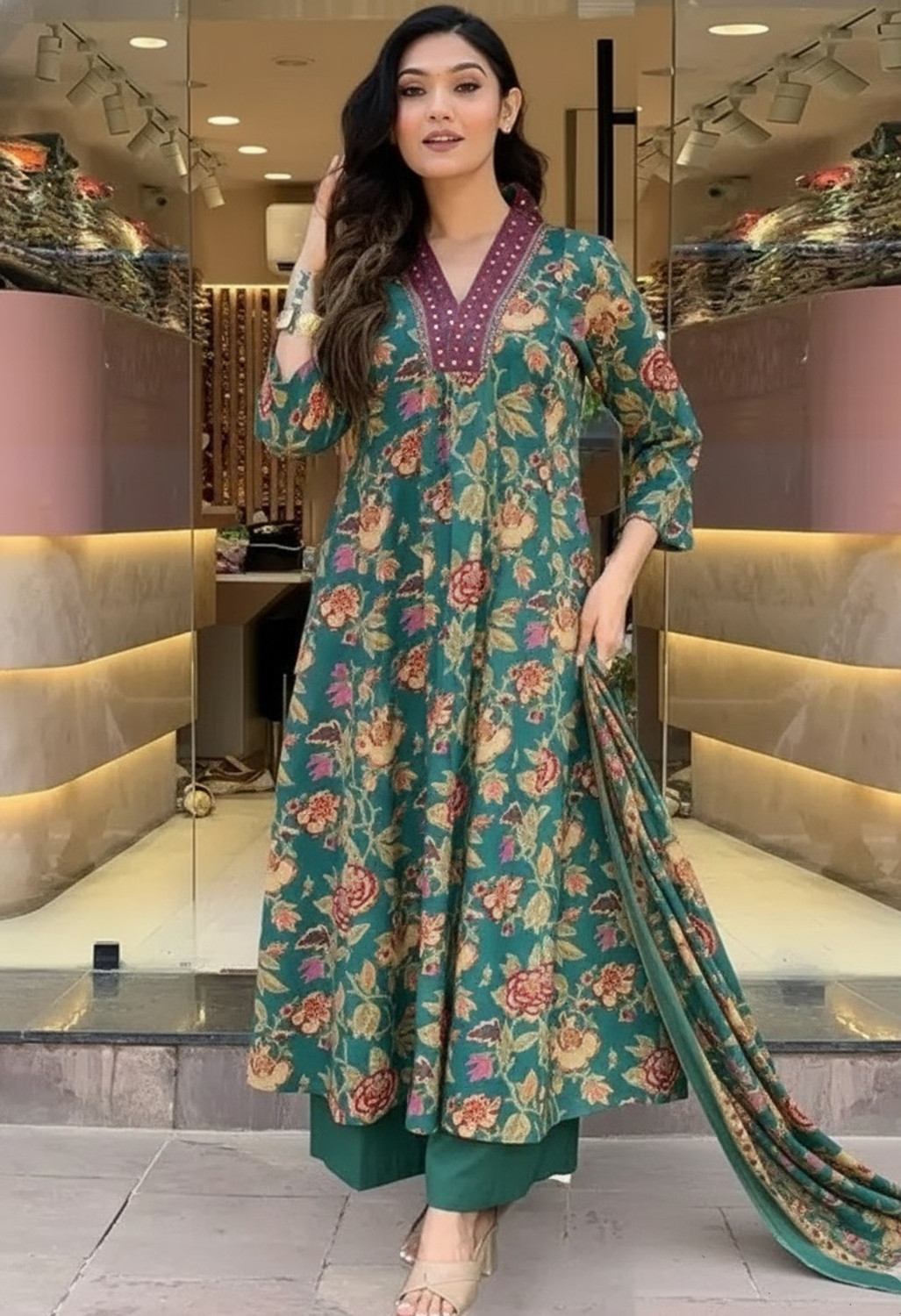 Image of Aimca Printed Anarkali Kurta, Bottom & Dupatta Set