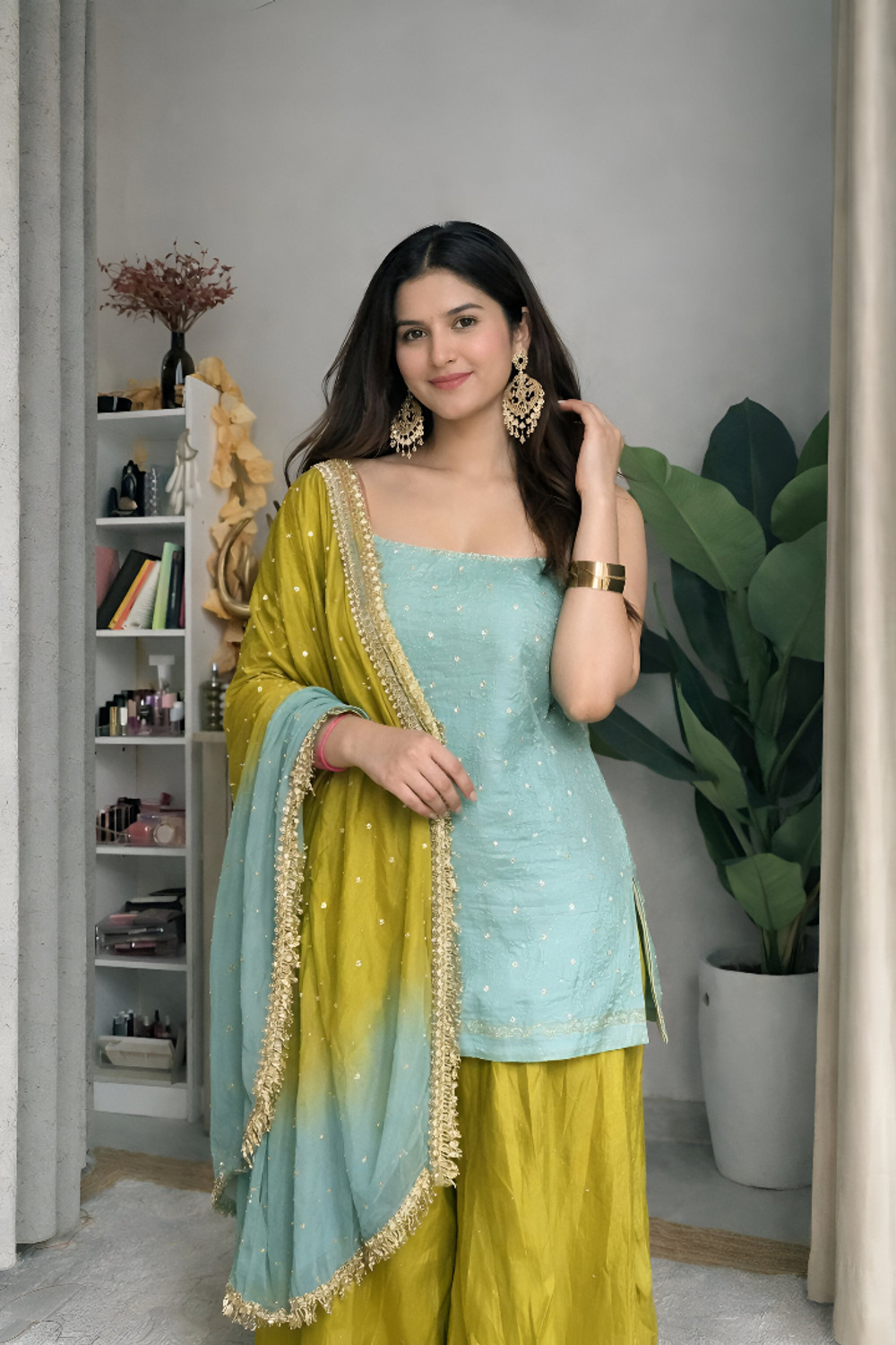Image of ELIINDRA Embroidered Kurta, Palazzo & Dupatta Set
