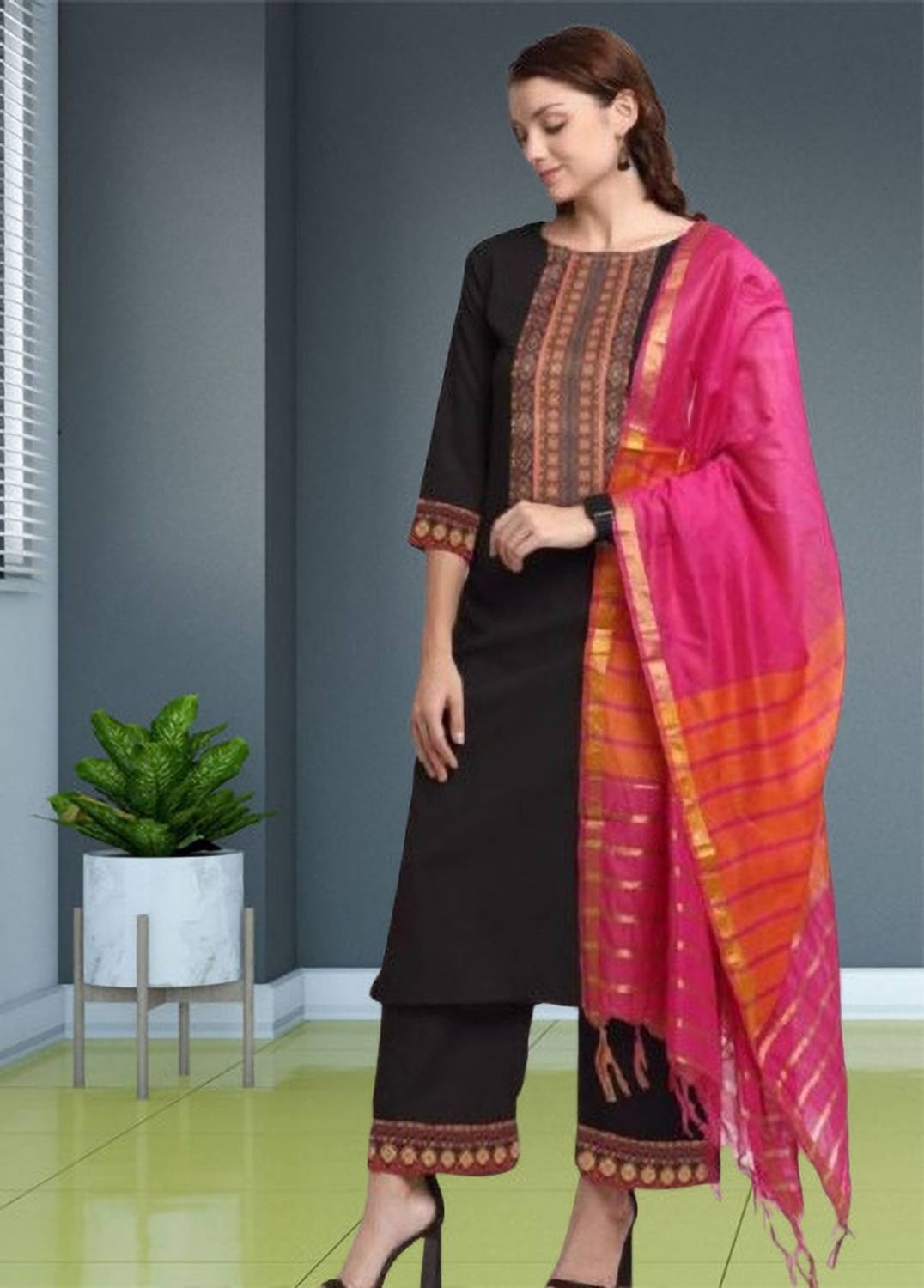 AnAdhTex Embellished Kurta, Palazzo & Dupatta Set