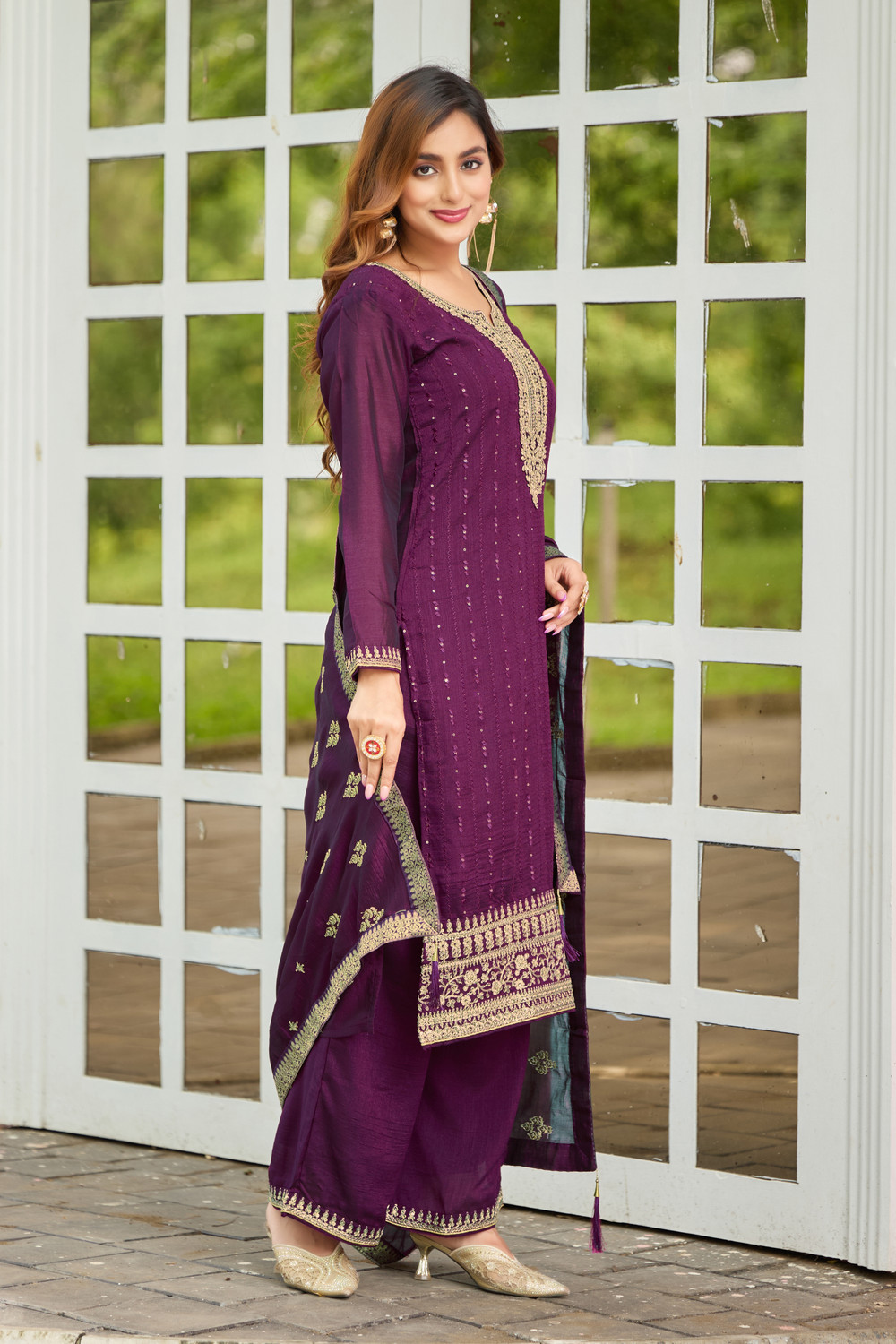 Image of vyomira Embroidered Kurta, Palazzo & Dupatta Set