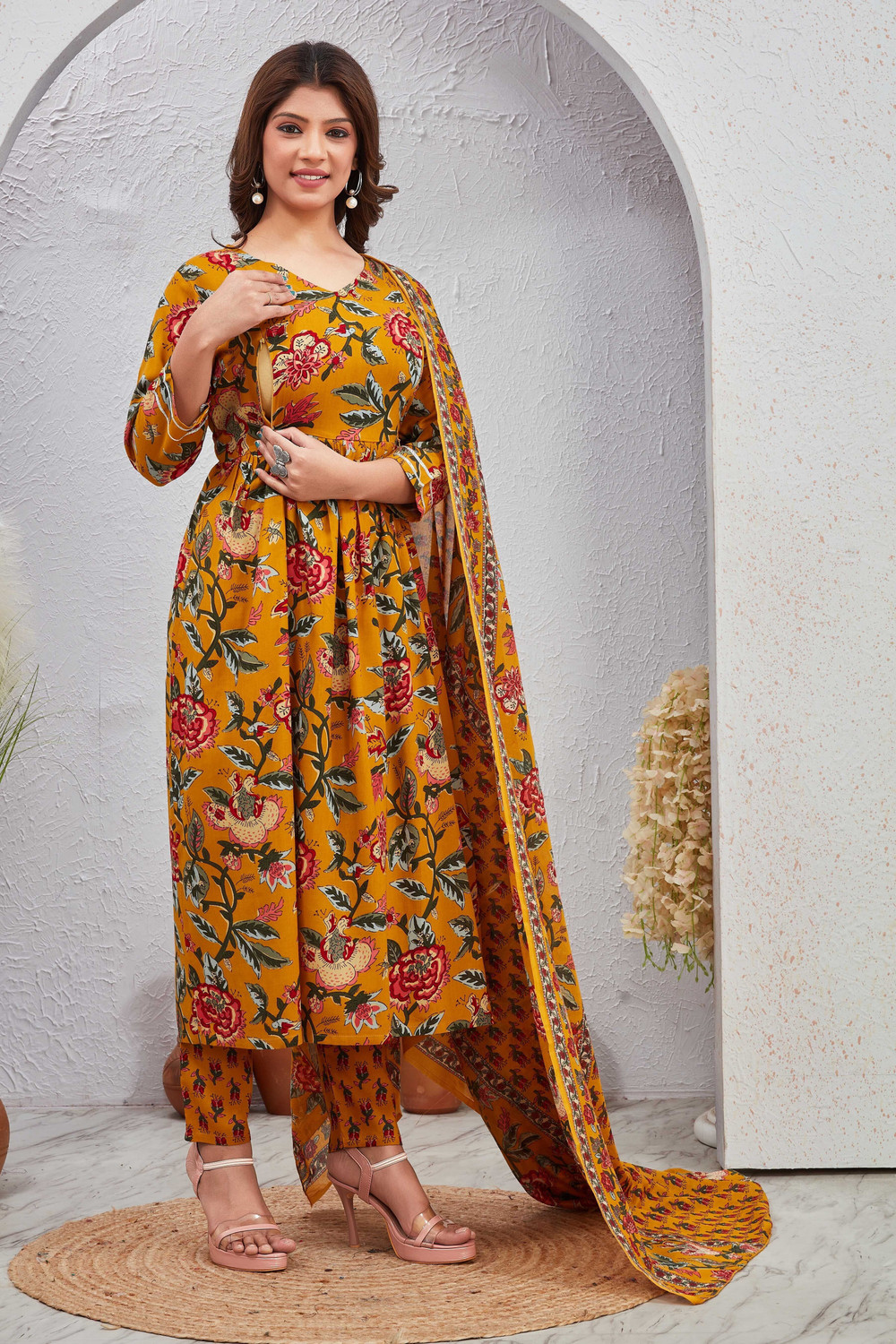 Image of sky fab Printed Anarkali Kurta, Bottom & Dupatta Set