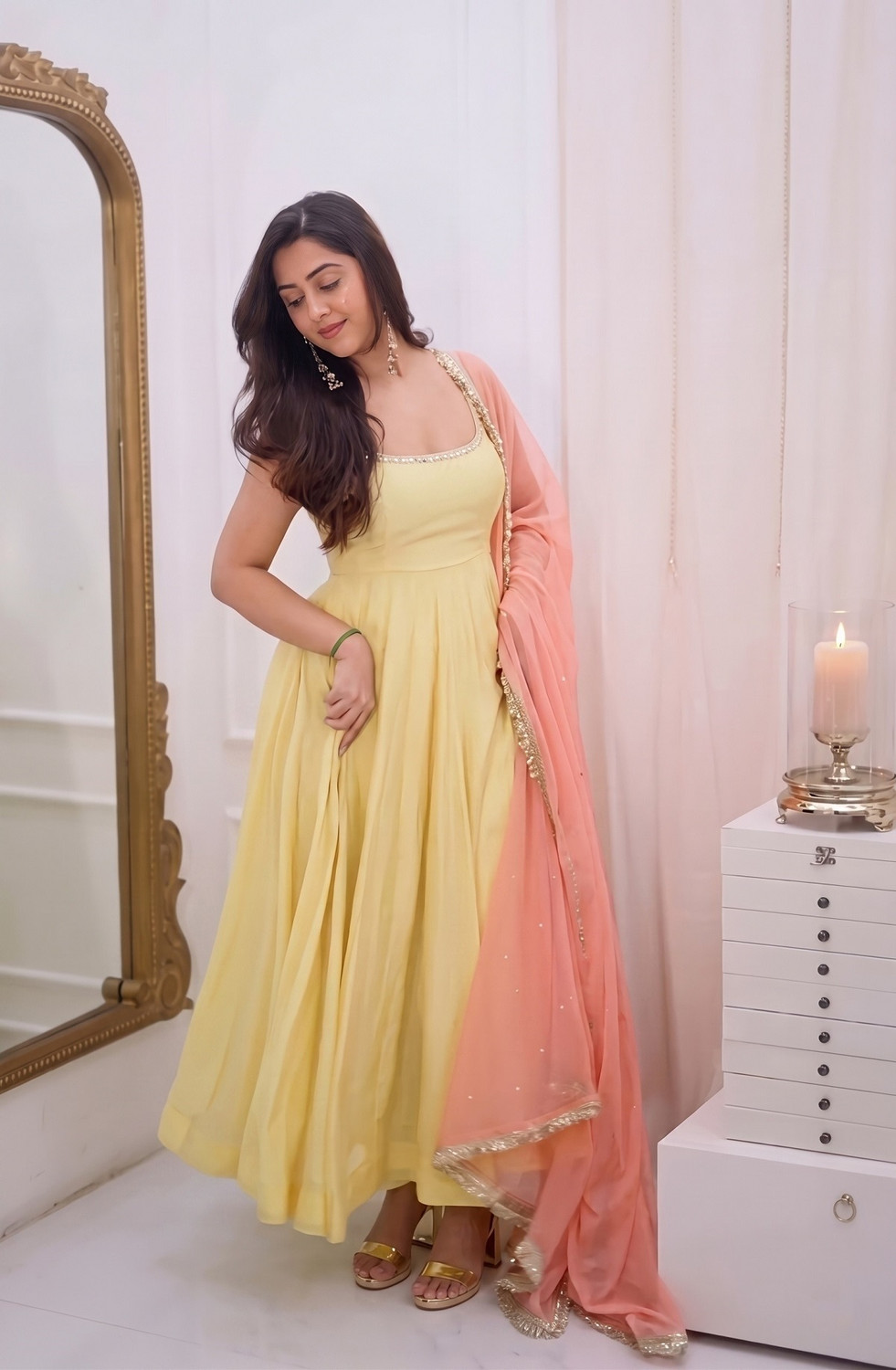Image of TRANDTIDE Solid Anarkali Kurta, Bottom & Dupatta Set