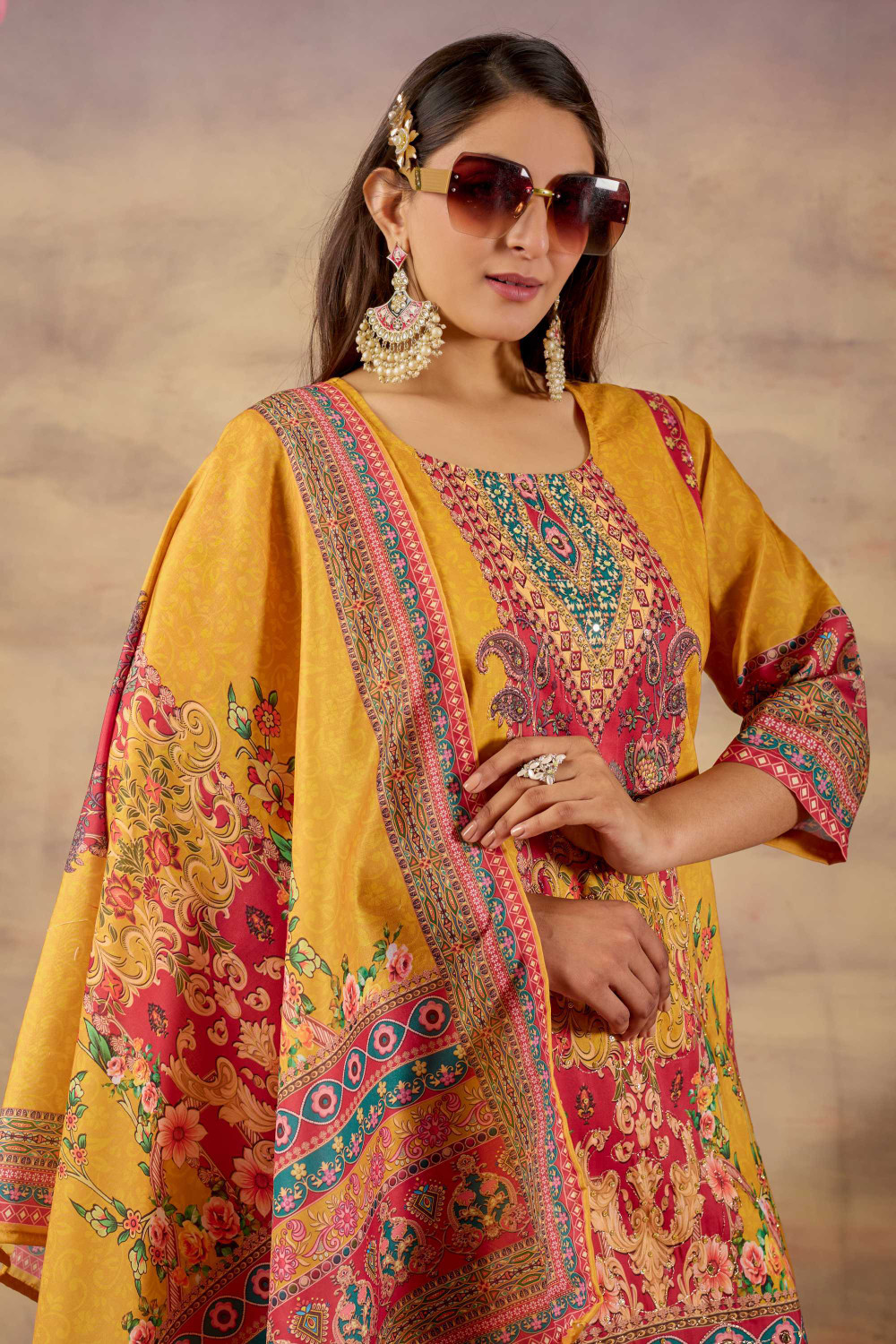 Image of bindudi Embroidered Kurta, Palazzo & Dupatta Set