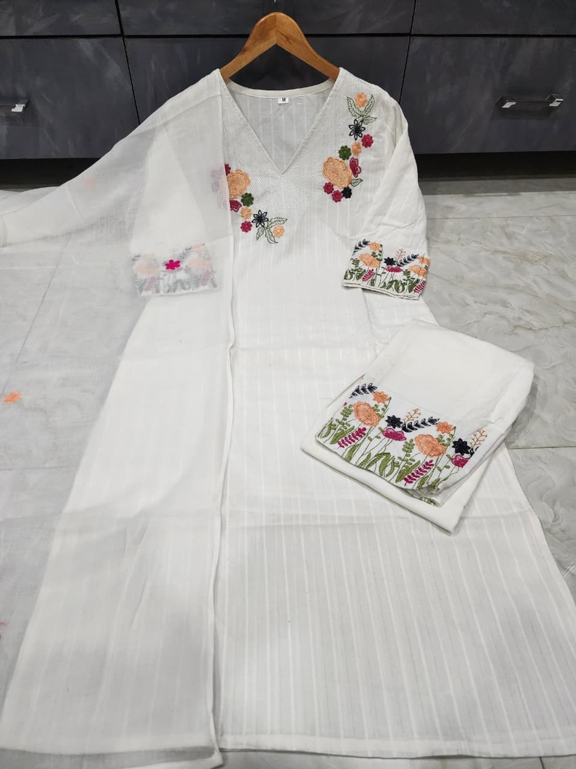 Image of AMBEYMAA PRINTS Embroidered Kurta, Churidar & Dupatta Set