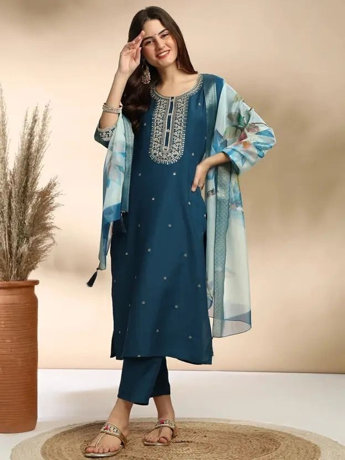 Image of Petromen Embroidered Kurta, Salwar & Dupatta Set