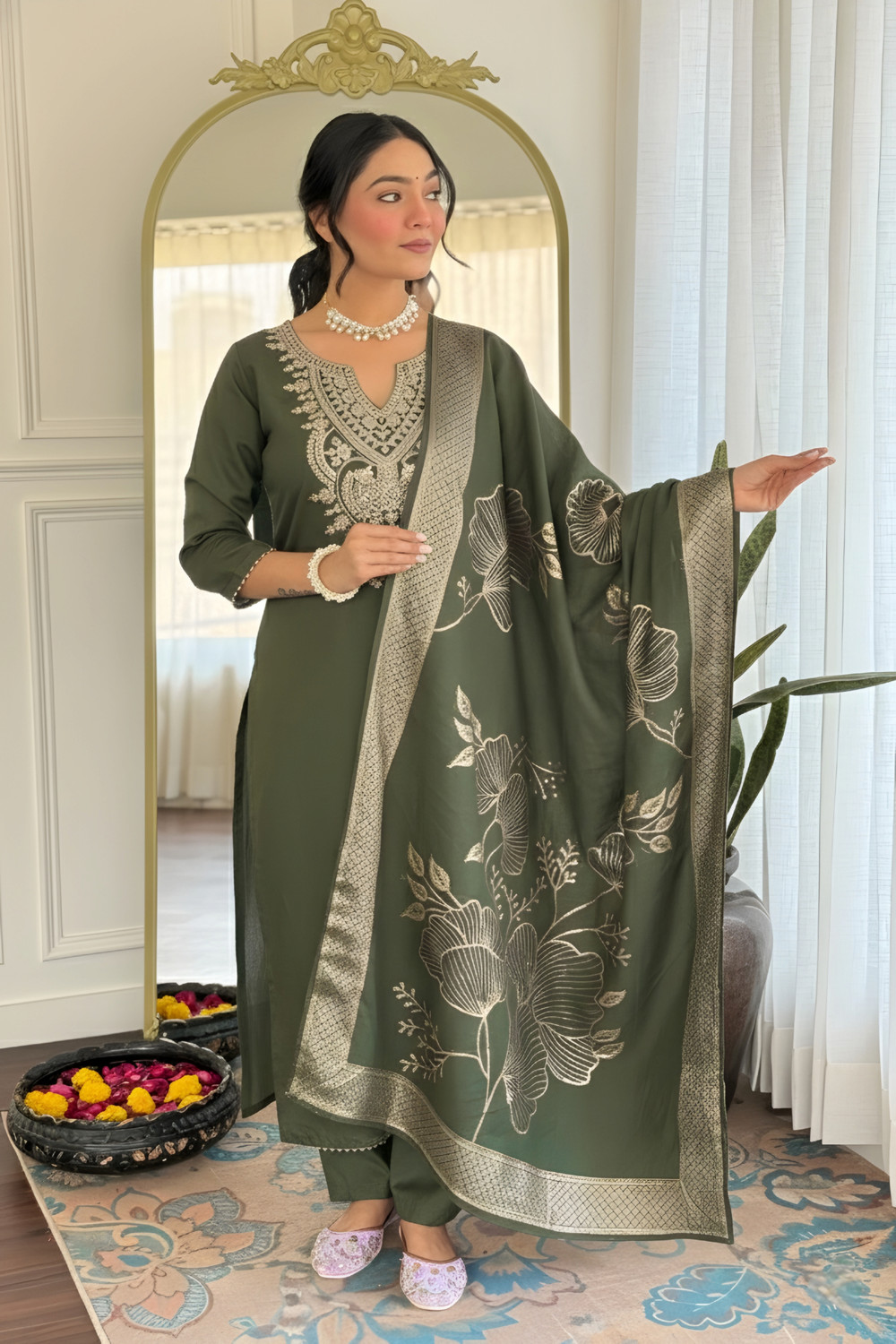 Image of SHYAM BANSI Embroidered Kurta, Trouser /Pant & Dupatta Set