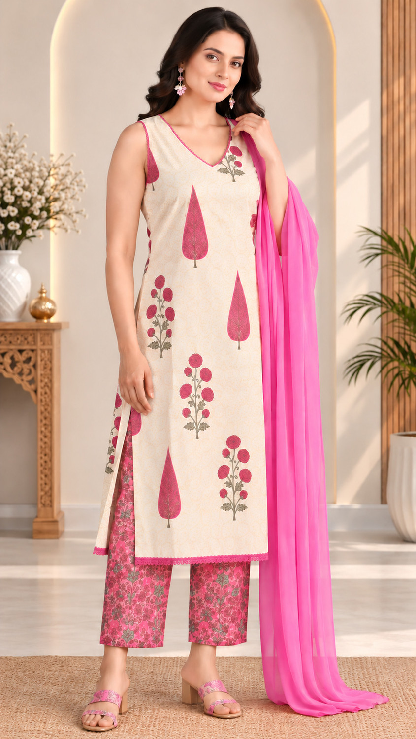 Image of KANIYANSH CREATION Floral Print Kurta, Trouser /Pant & Dupatta Set