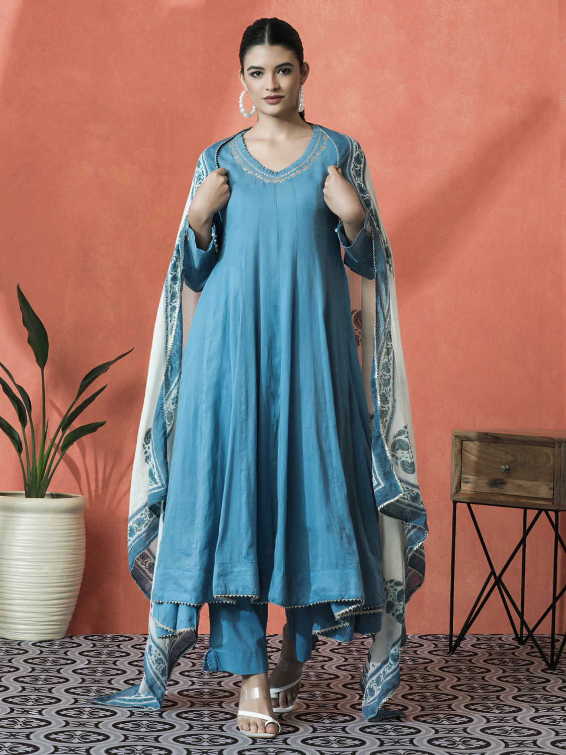 Sangria Embroidered Kurta, Trouser/Pant & Dupatta Set