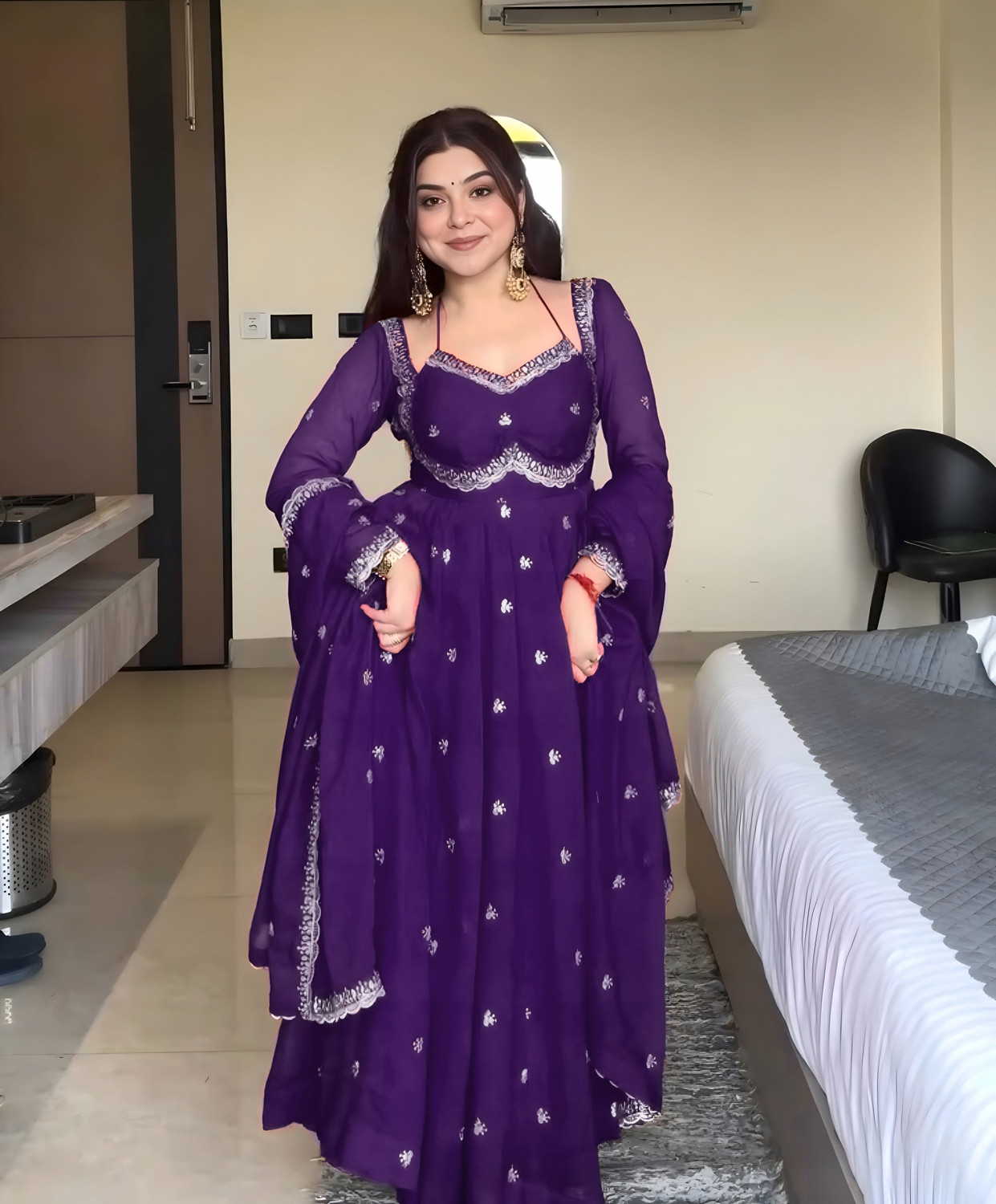 Image of Krisio Purple Embroidered Georgette Anarkali Kurta Set with Dupatta Printed Anarkali Kurta, Bottom & Dupatta Set