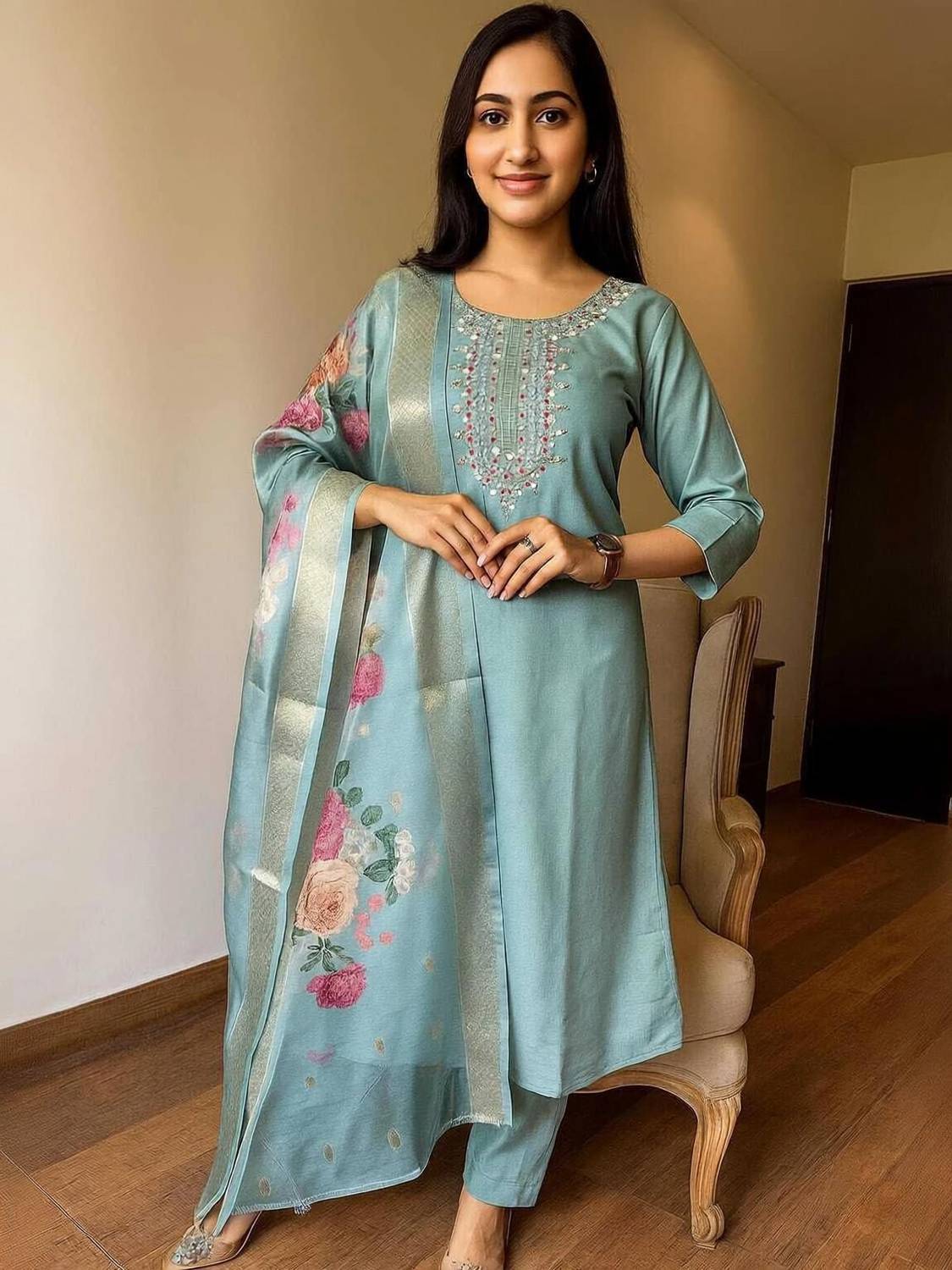 AEBA FASHION Embroidered Kurta, Trouser/Pant & Dupatta Set