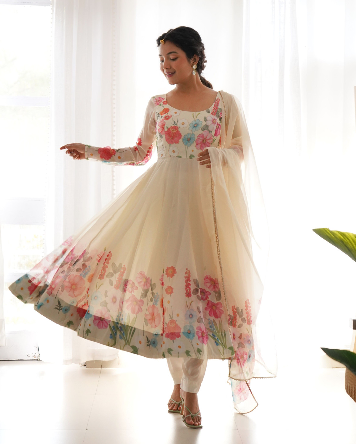 Image of LOKITA WORLD Floral Print Anarkali Kurta, Bottom & Dupatta Set