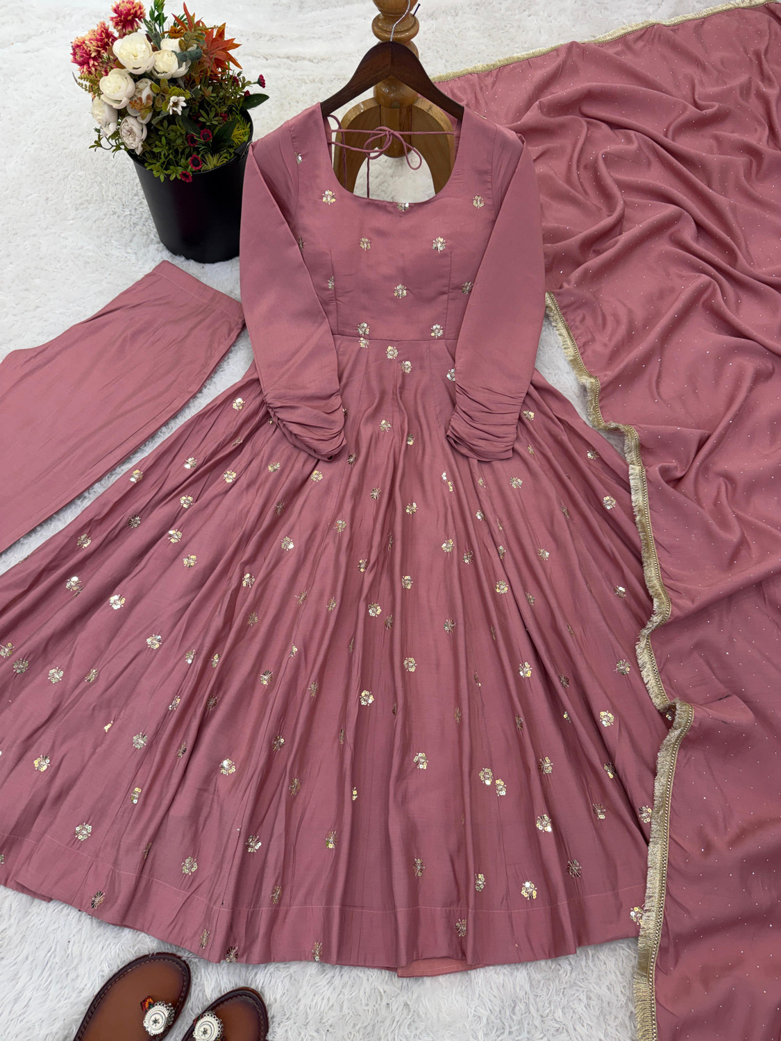 Image of TRANDTIDE Embroidered Anarkali Kurta, Bottom & Dupatta Set