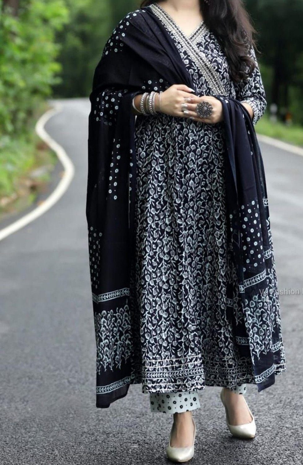 Image of KALYAN ENTERPRISES Printed Anarkali Kurta, Bottom & Dupatta Set