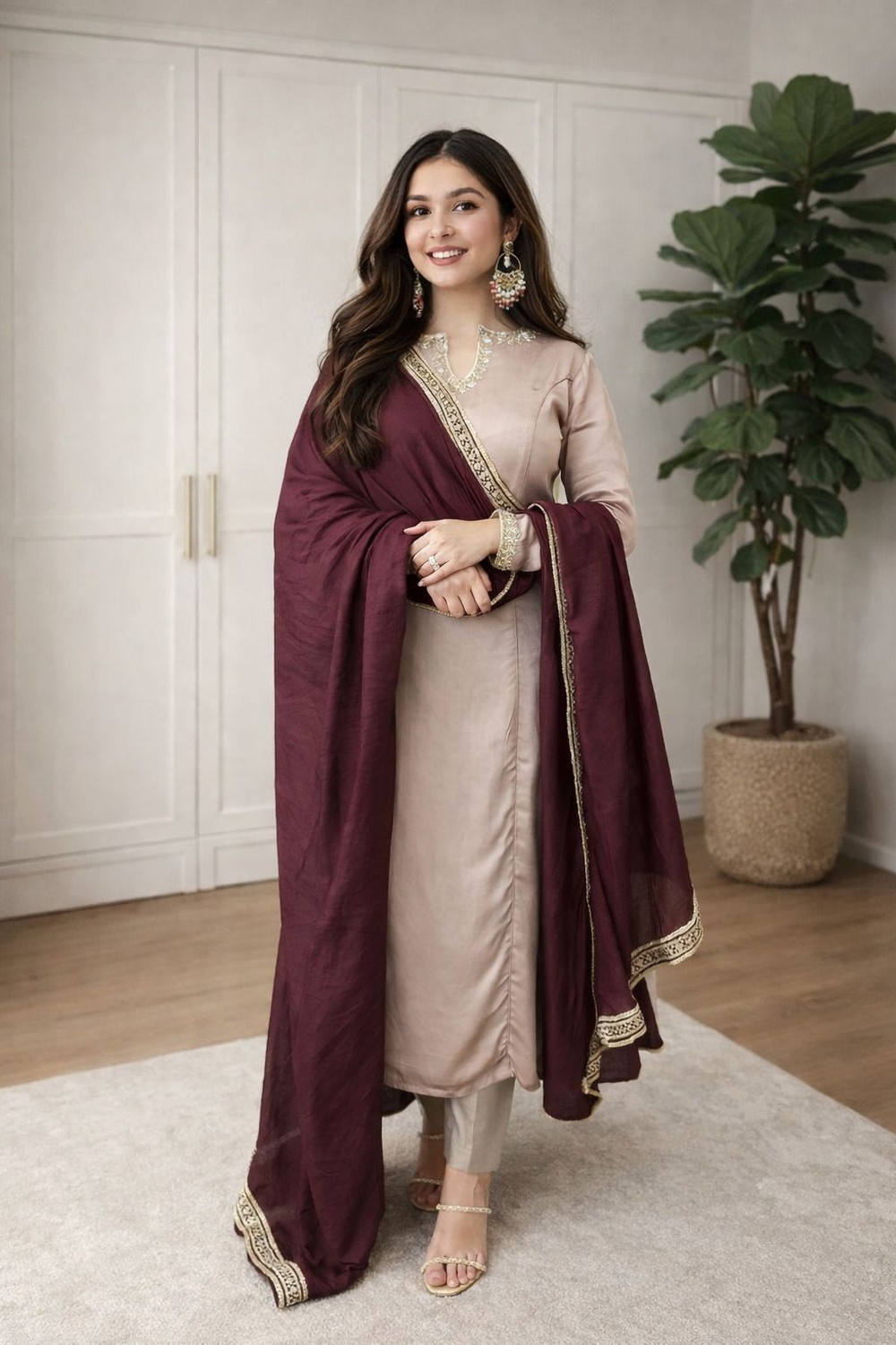 Image of Tantukriti Embroidered Kurta, Trouser /Pant & Dupatta Set