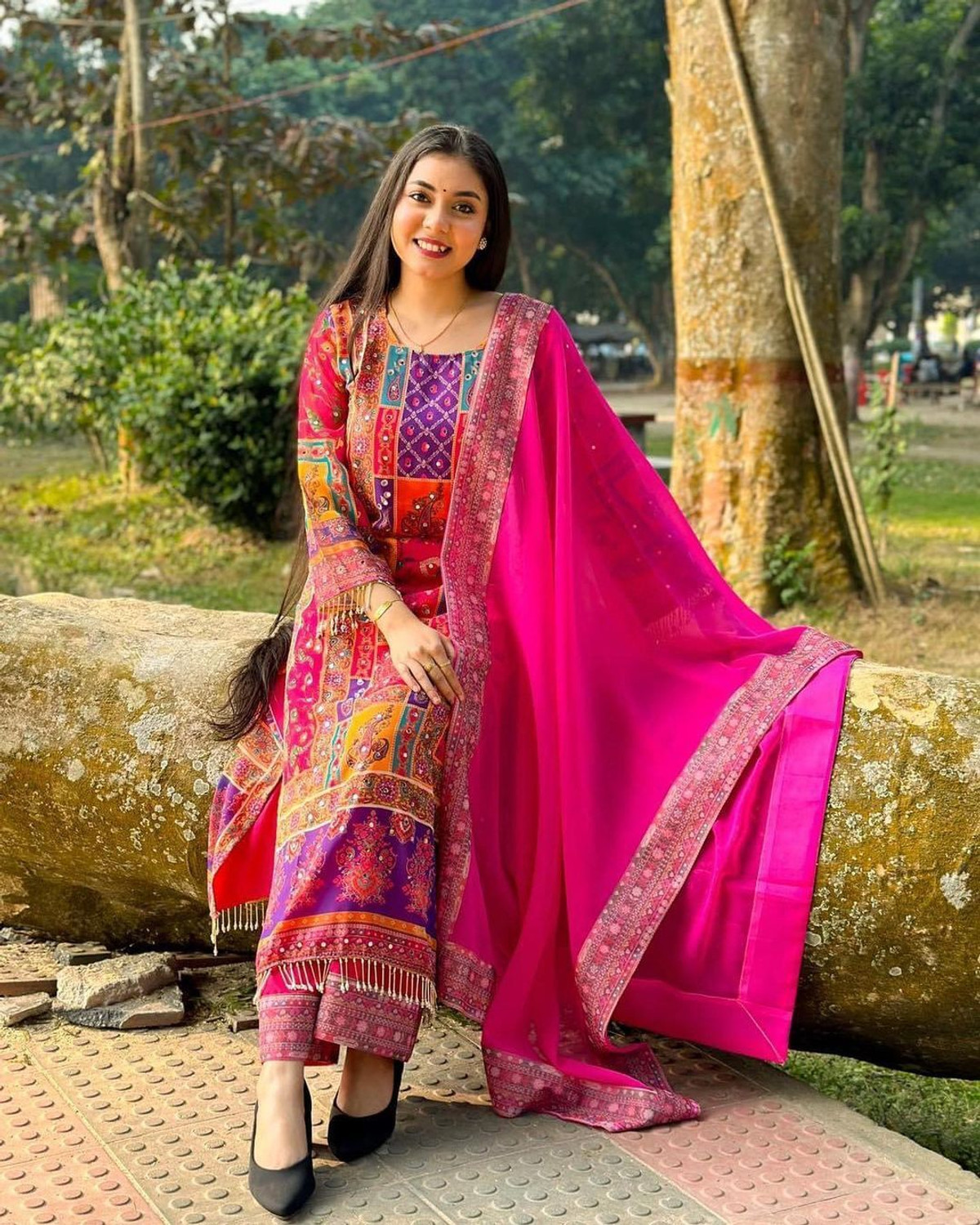 Image of DHVIJA FASHION Printed Kurta, Palazzo & Dupatta Set