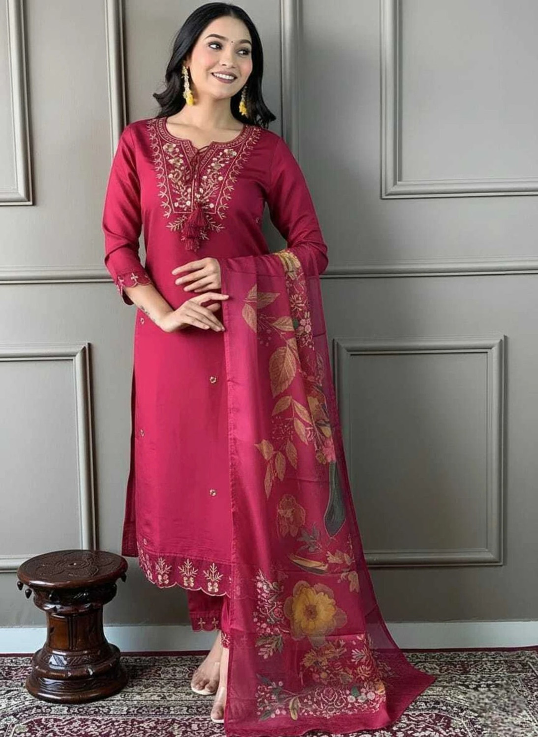 Image of shyam krishna fashion Embroidered, Floral Print Kurta, Trouser /Pant & Dupatta Set