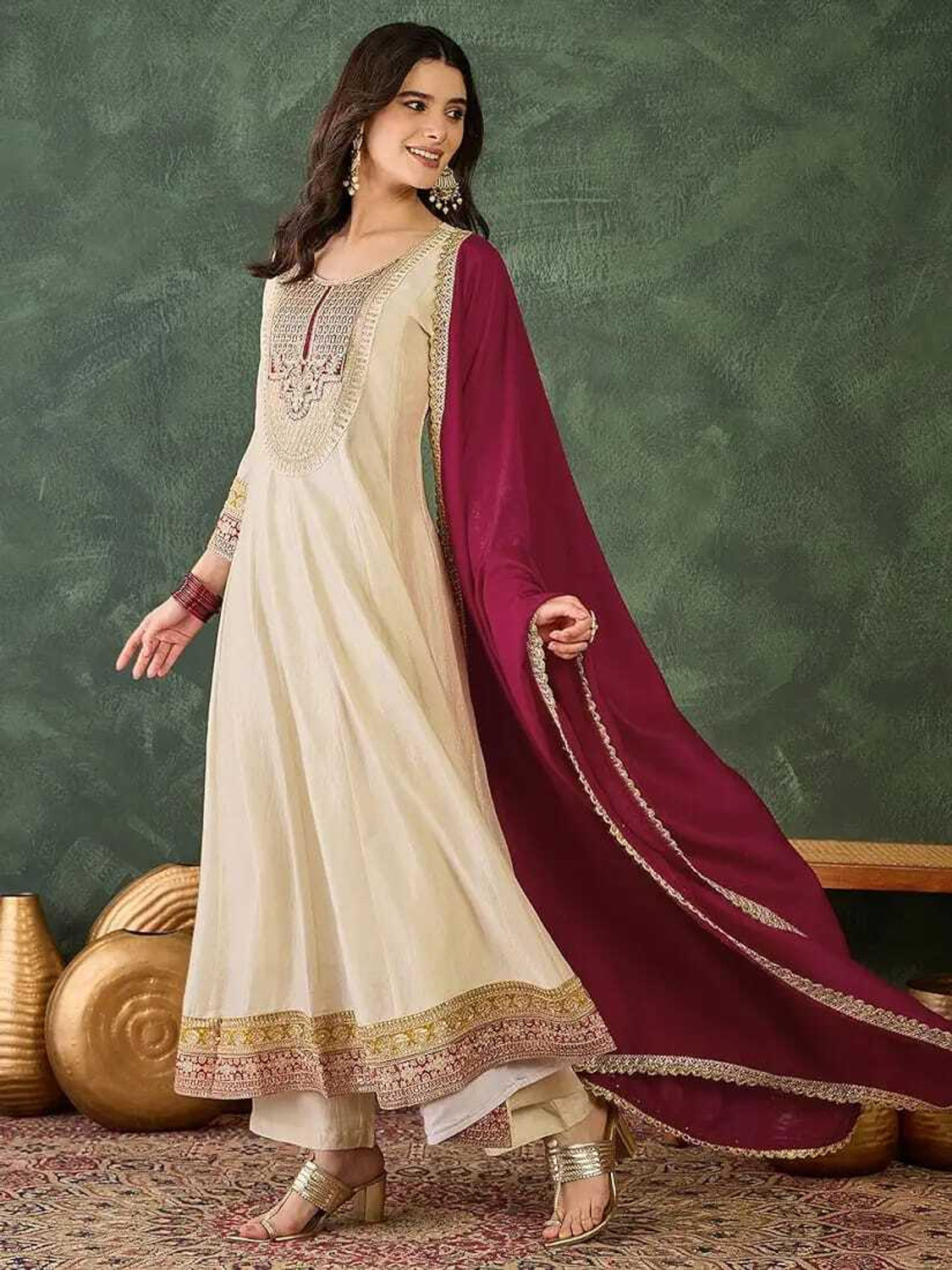 Image of ShreyaFashion Embroidered Anarkali Kurta, Bottom & Dupatta Set