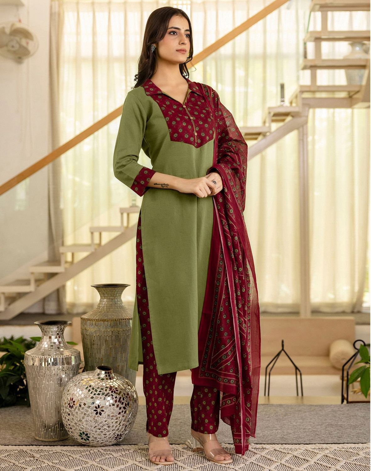 Image of Skylee Printed, Embellished, Floral Print Kurta, Trouser /Pant & Dupatta Set
