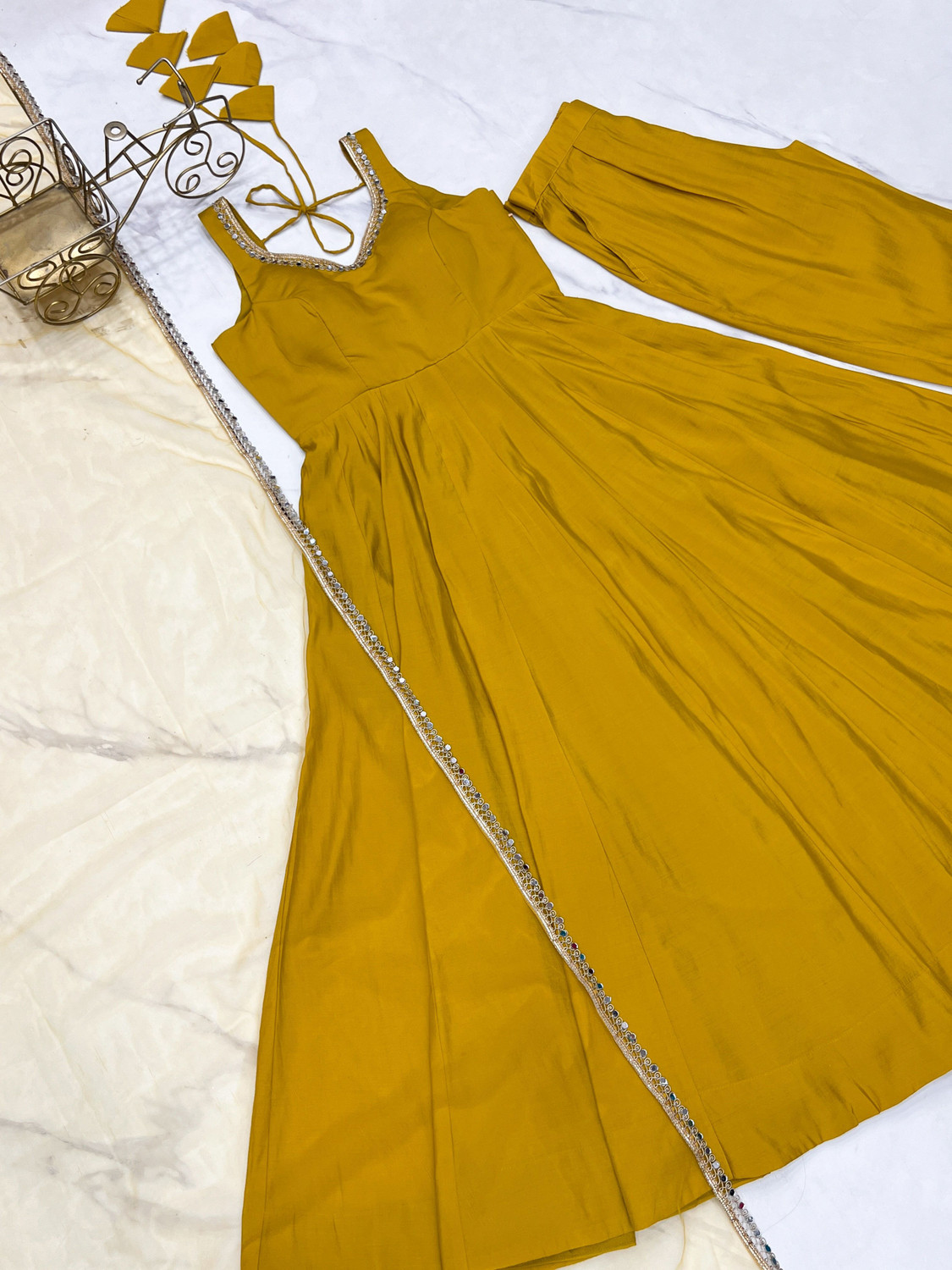 Image of CULTISE WORLD Solid, Embellished Anarkali Kurta, Bottom & Dupatta Set