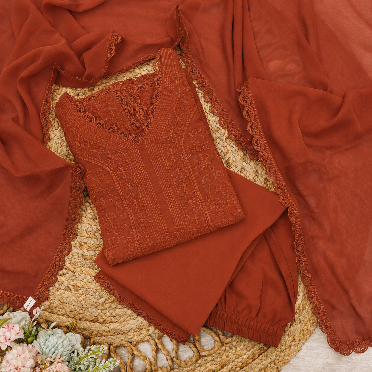 Image of SareeWeb Embroidered Kurta, Palazzo & Dupatta Set