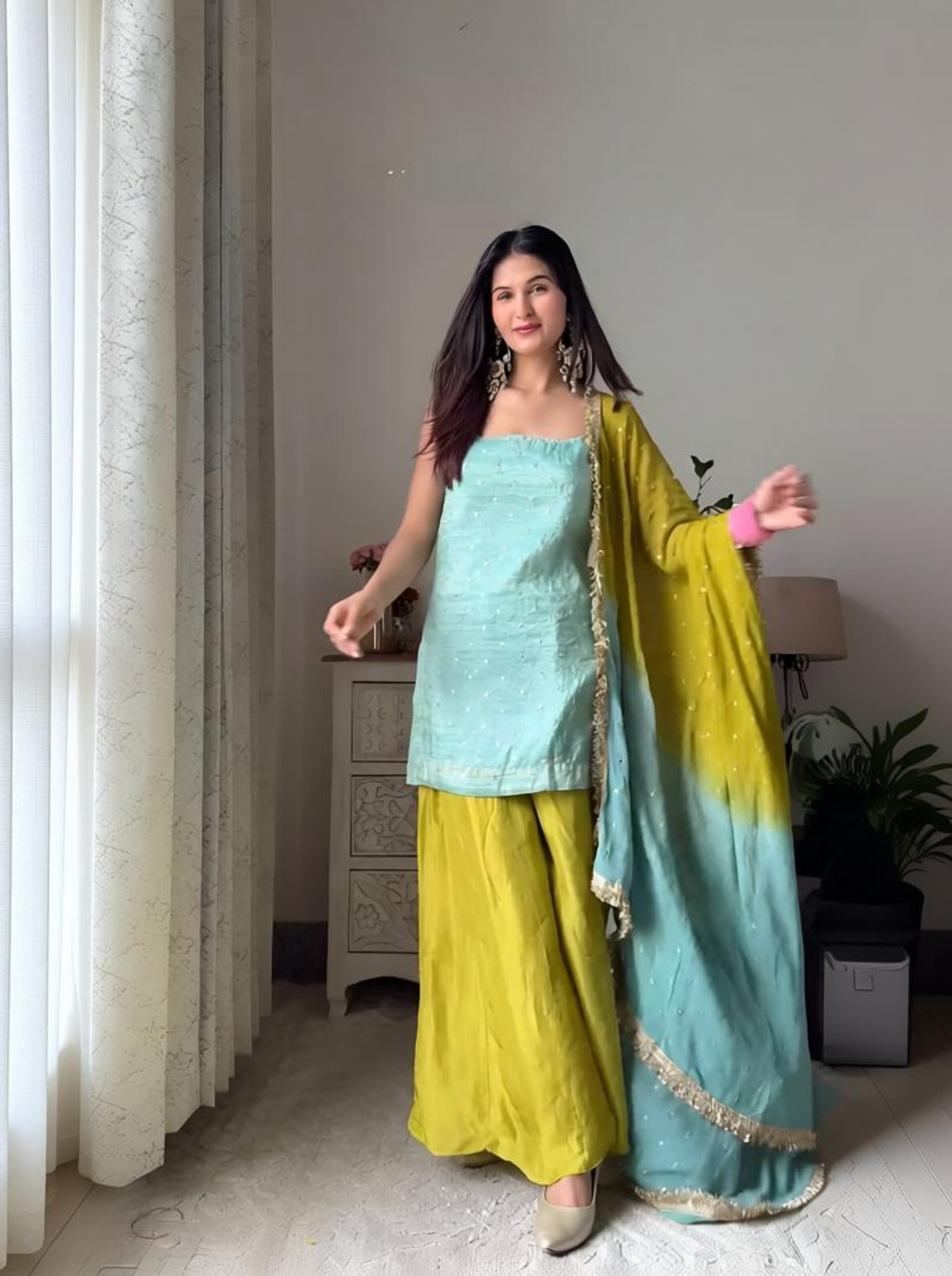 Image of ELIINDRA Embroidered Kurta, Palazzo & Dupatta Set