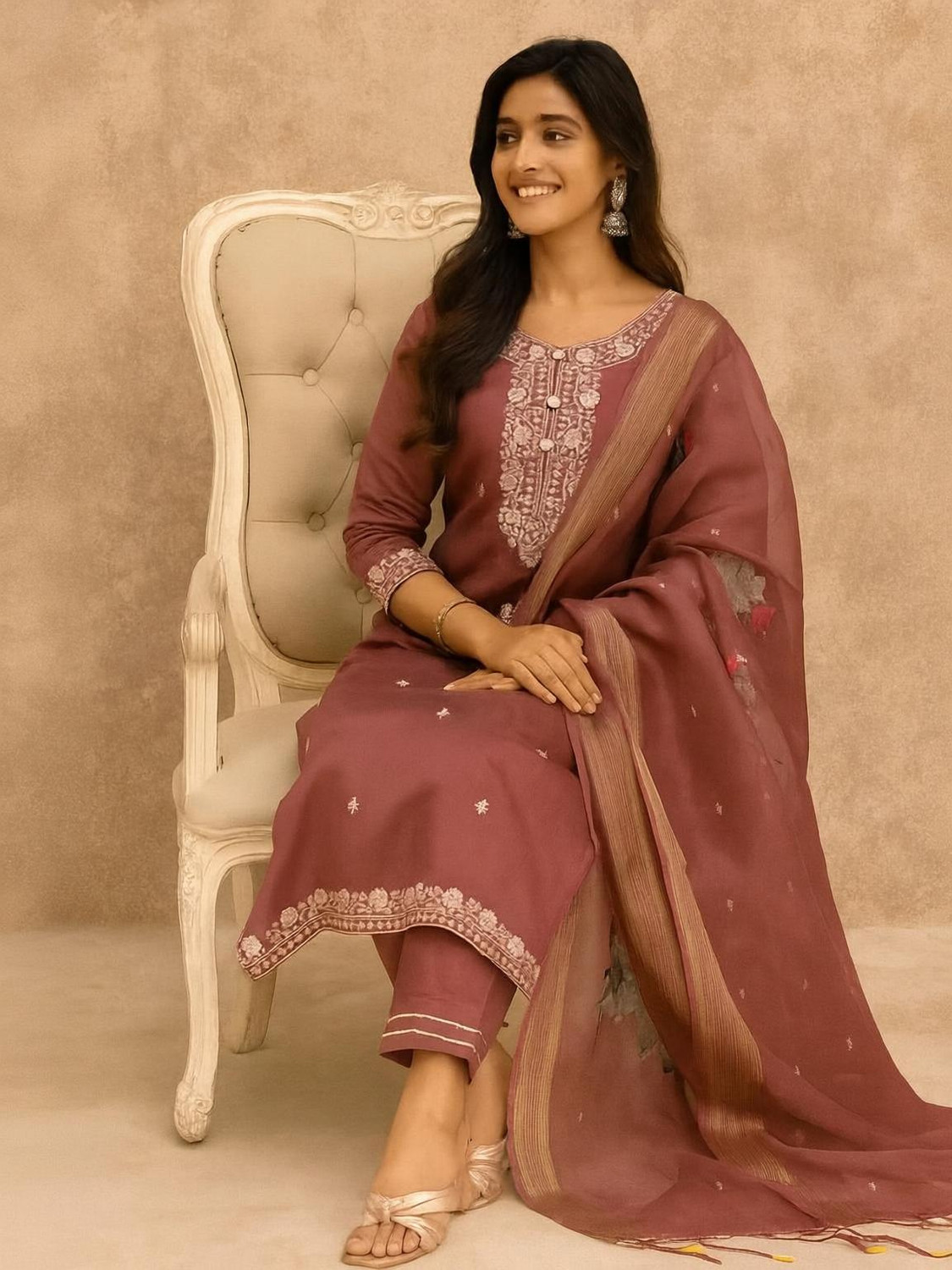 Image of Dada Enterprise Embroidered Kurta, Trouser /Pant & Dupatta Set
