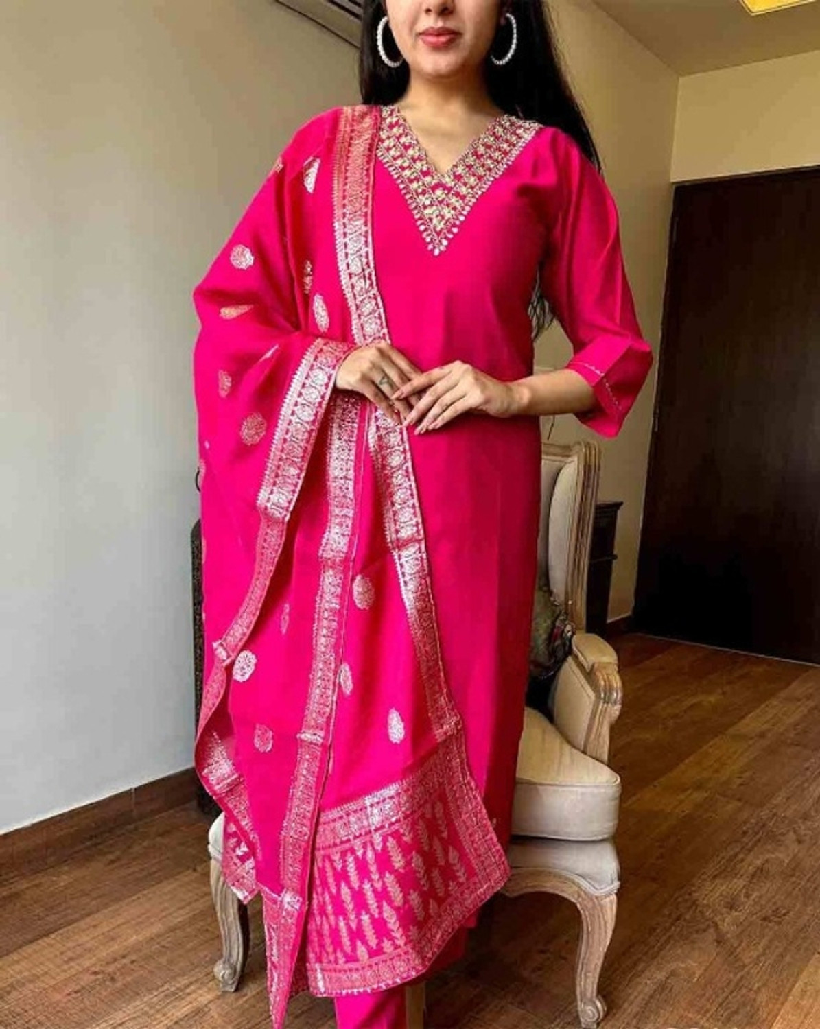 Image of FORENCIA Embroidered Anarkali Kurta, Bottom & Dupatta Set