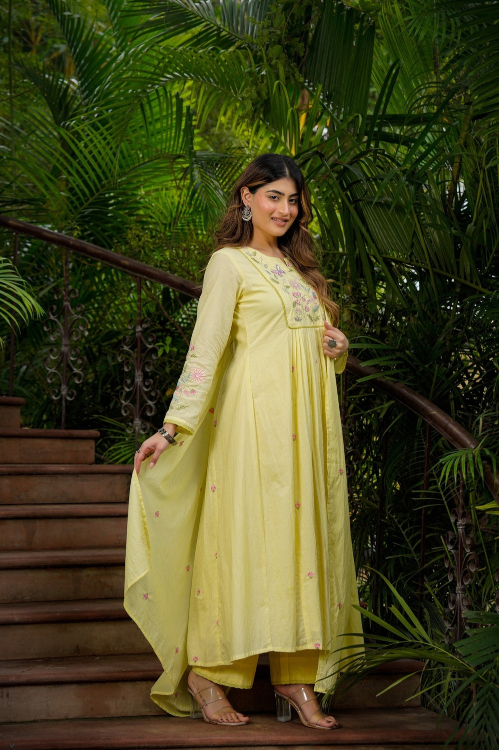 Image of Growdamy Embroidered Anarkali Kurta, Bottom & Dupatta Set