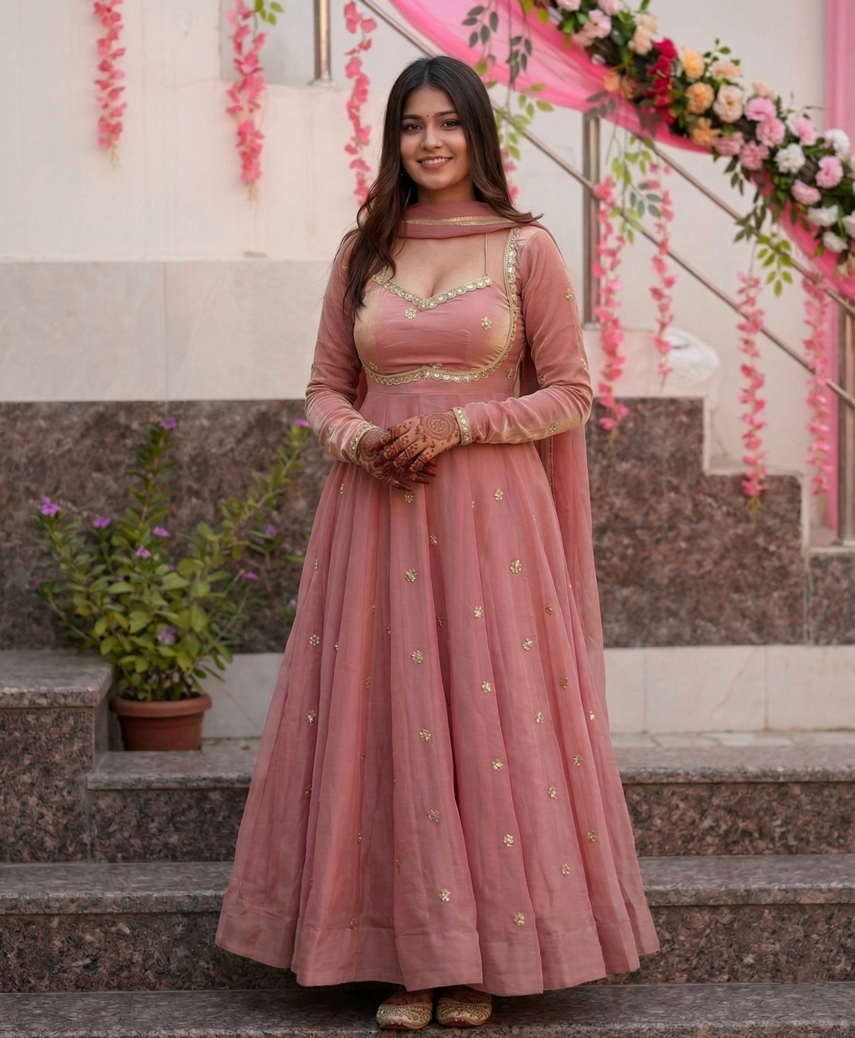 Image of TRANDTIDE Embroidered Anarkali Kurta, Bottom & Dupatta Set