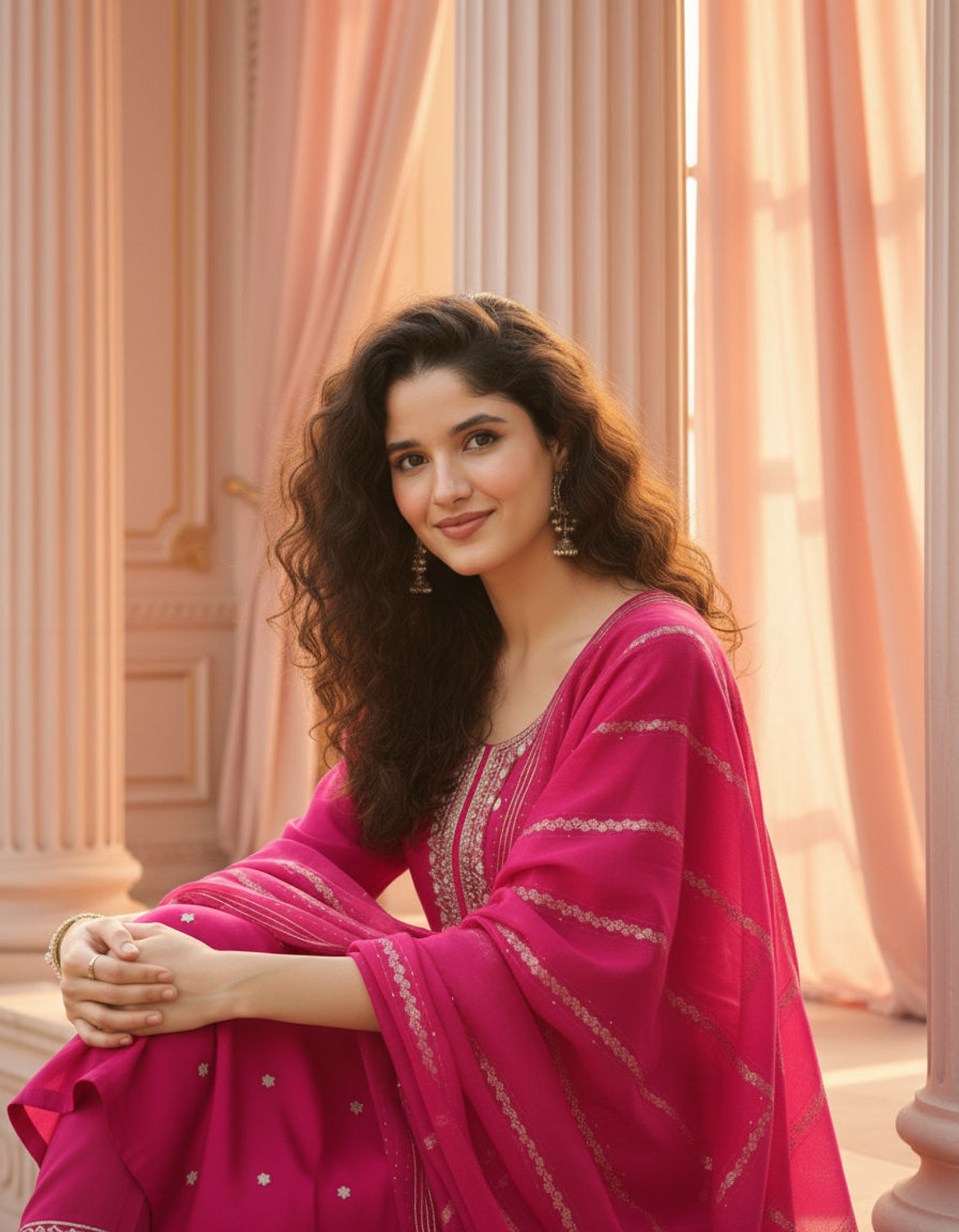 Image of ORRIYA Embroidered Kurta, Trouser /Pant & Dupatta Set