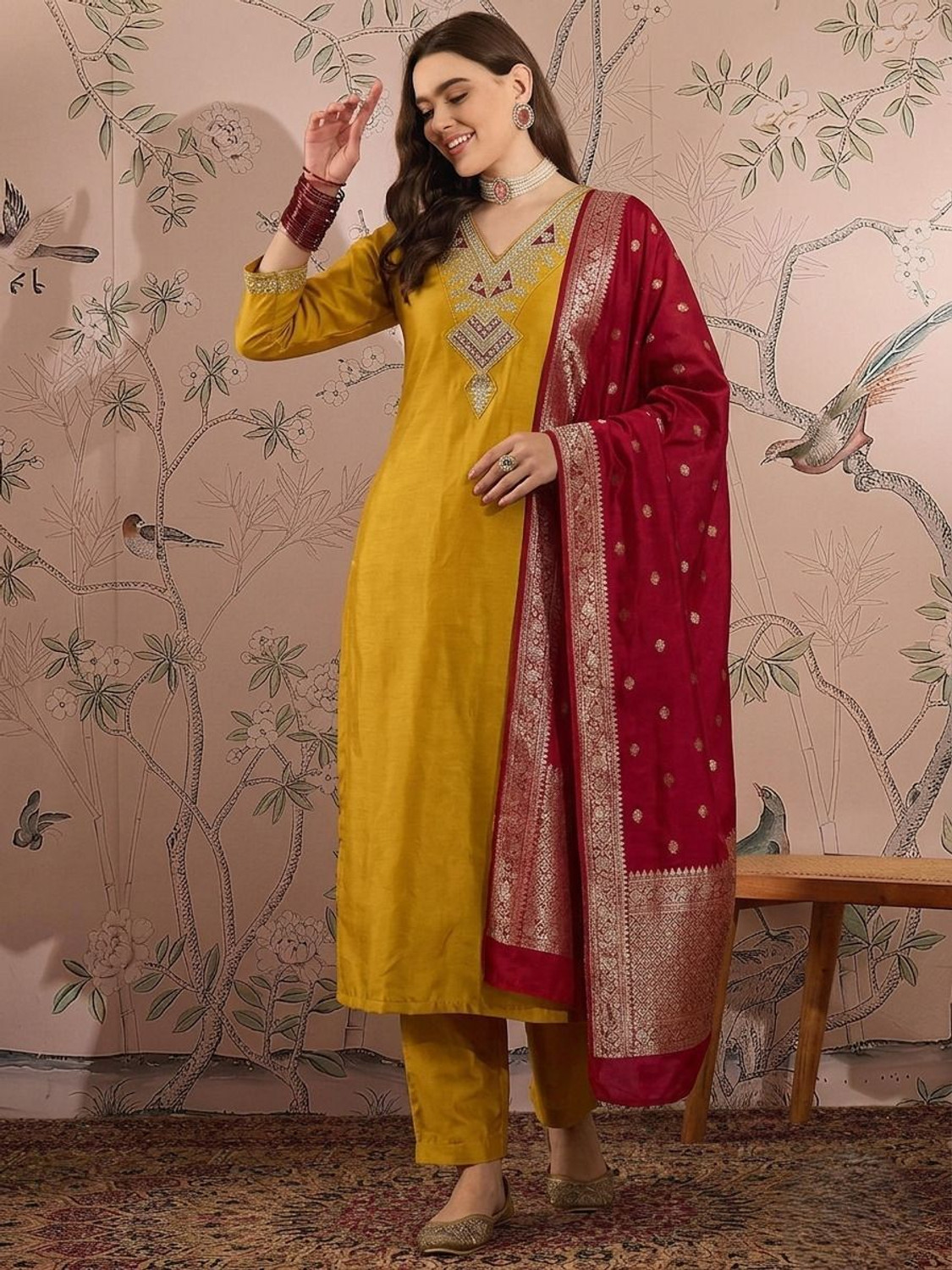 Image of TheMutedThreads Sunshine Yellow Embroidered Kurta Pant Set Pink Dupatta for Women Embroidered Kurta, Trouser /Pant & Dupatta Set