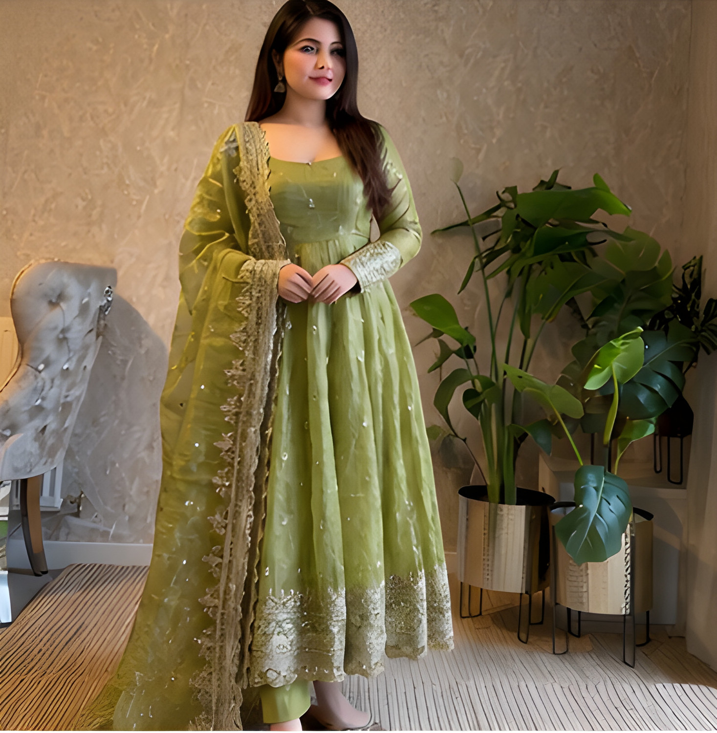 Image of nitigliw Embroidered Anarkali Kurta, Bottom & Dupatta Set