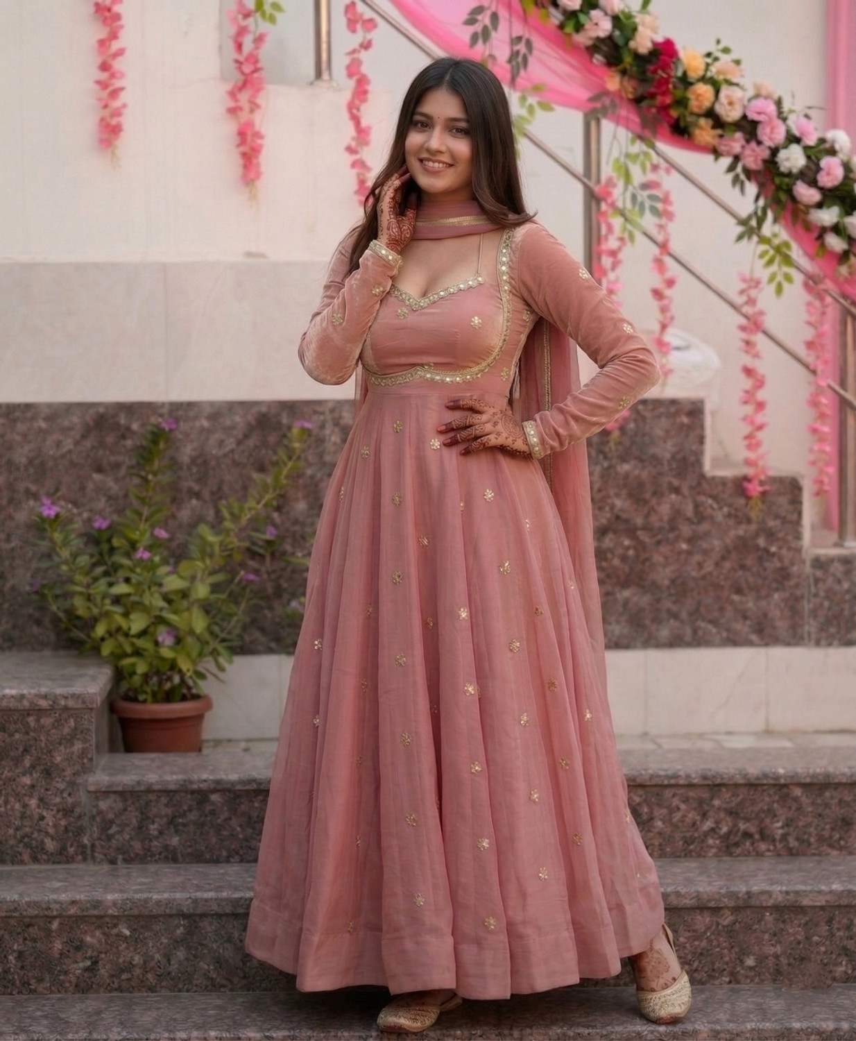 Image of TRANDTIDE Embroidered Anarkali Kurta, Bottom & Dupatta Set
