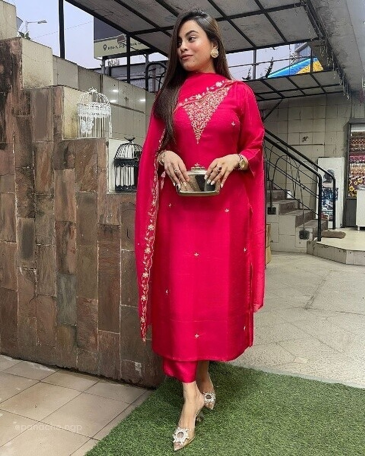 Image of Yipsy Fashion Embroidered Kurta, Palazzo & Dupatta Set