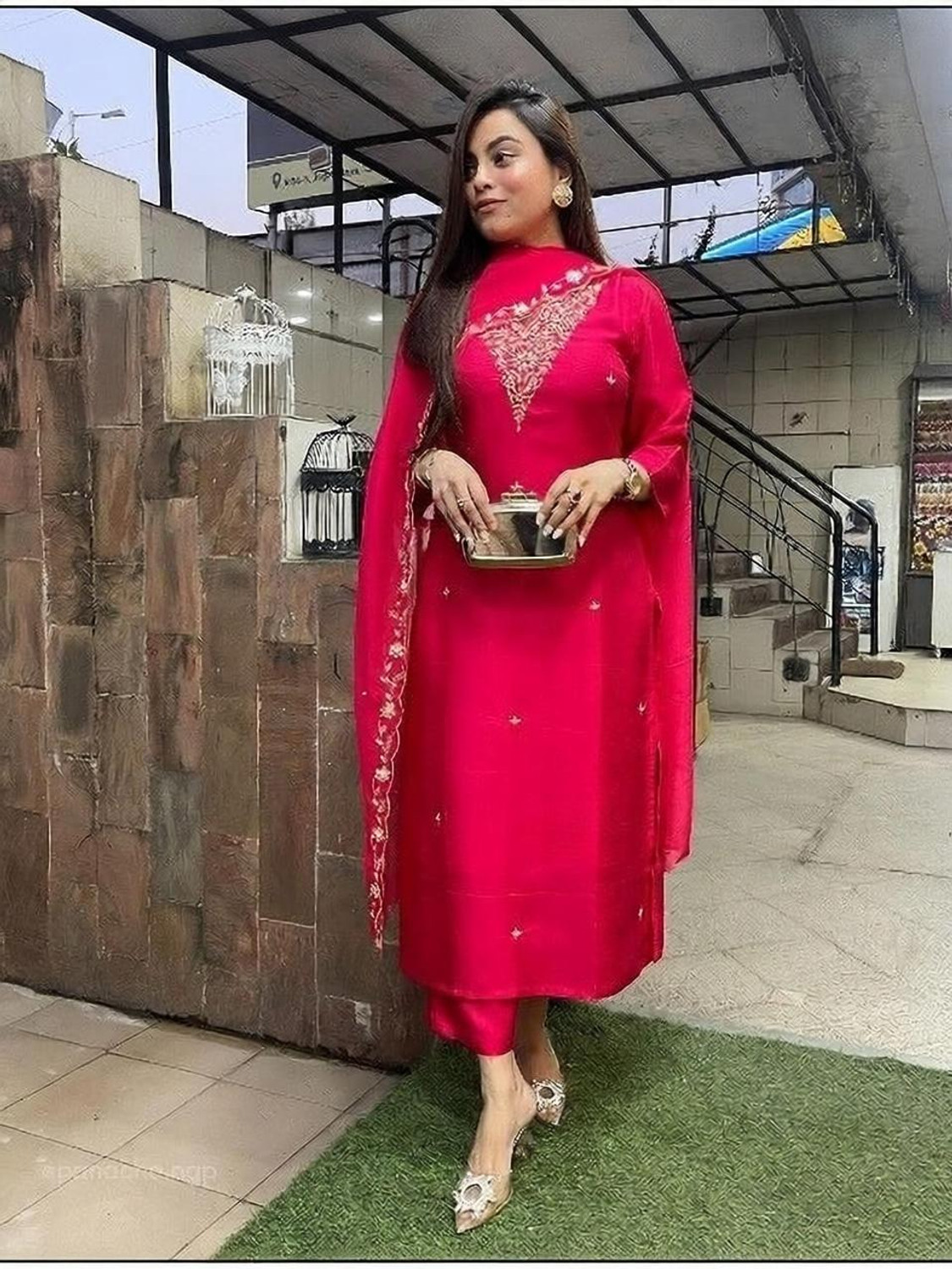 Image of Yipsy Fashion Embroidered Kurta, Palazzo & Dupatta Set