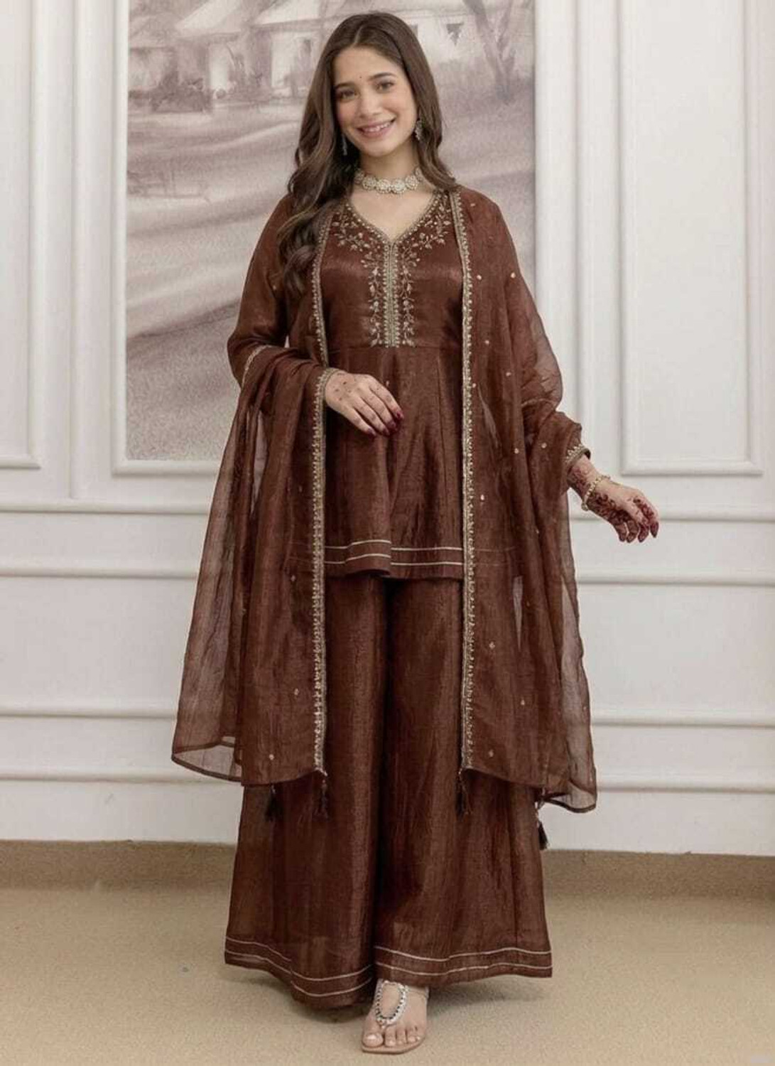 Image of KALKI COLLECTION Embroidered Kurta, Palazzo & Dupatta Set