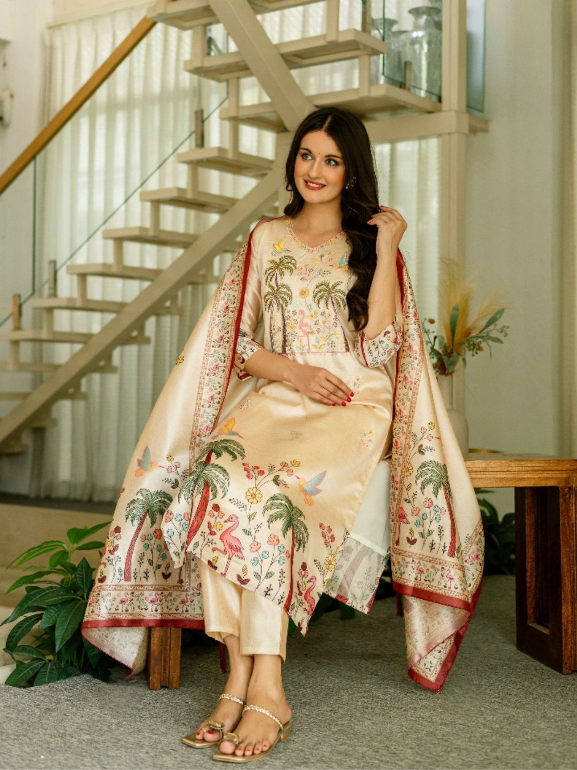 Image of clothstory Printed Kurta, Trouser /Pant & Dupatta Set