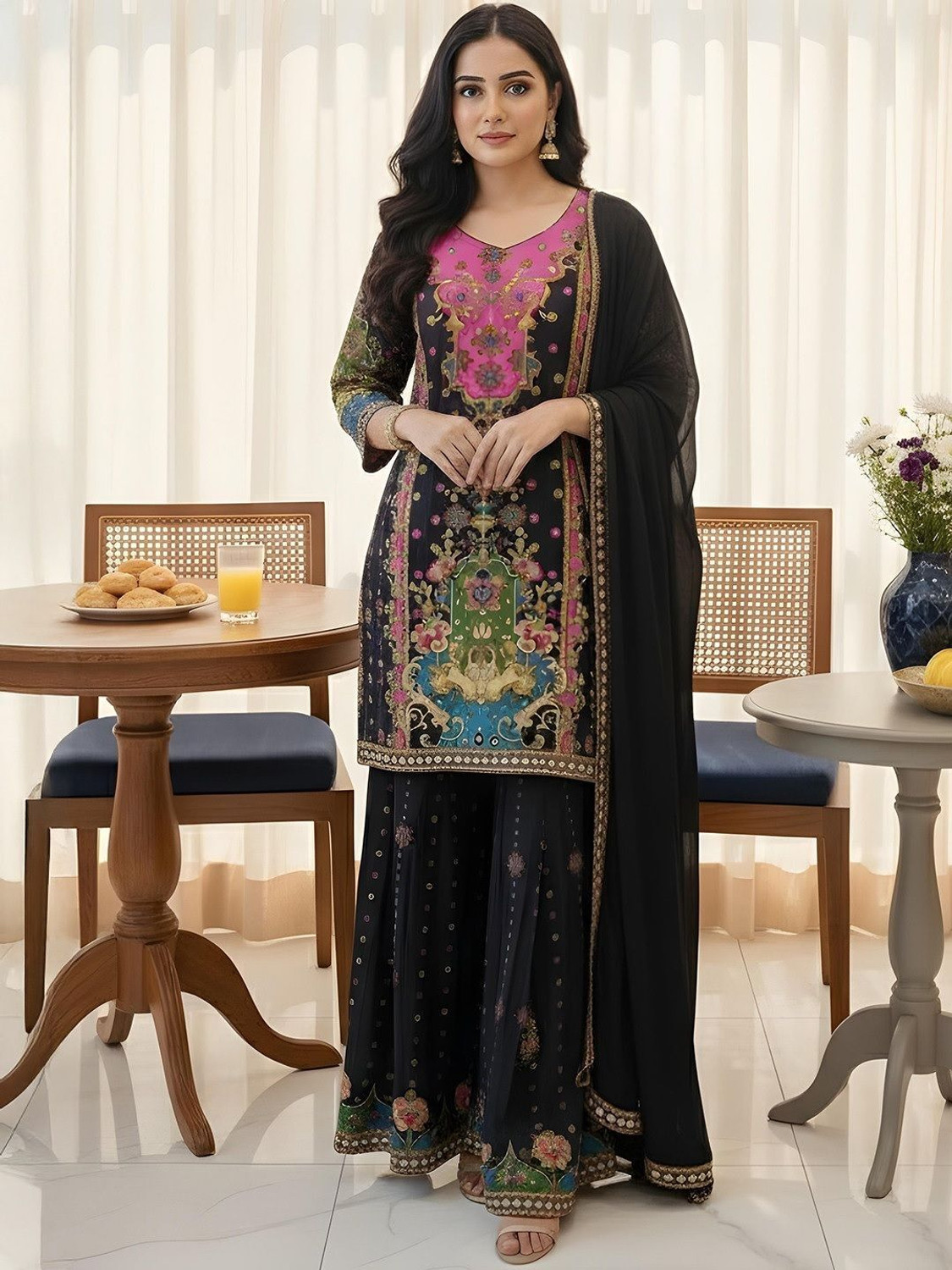 Image of dhvijadressmaker Embroidered Kurta, Sharara & Dupatta Set
