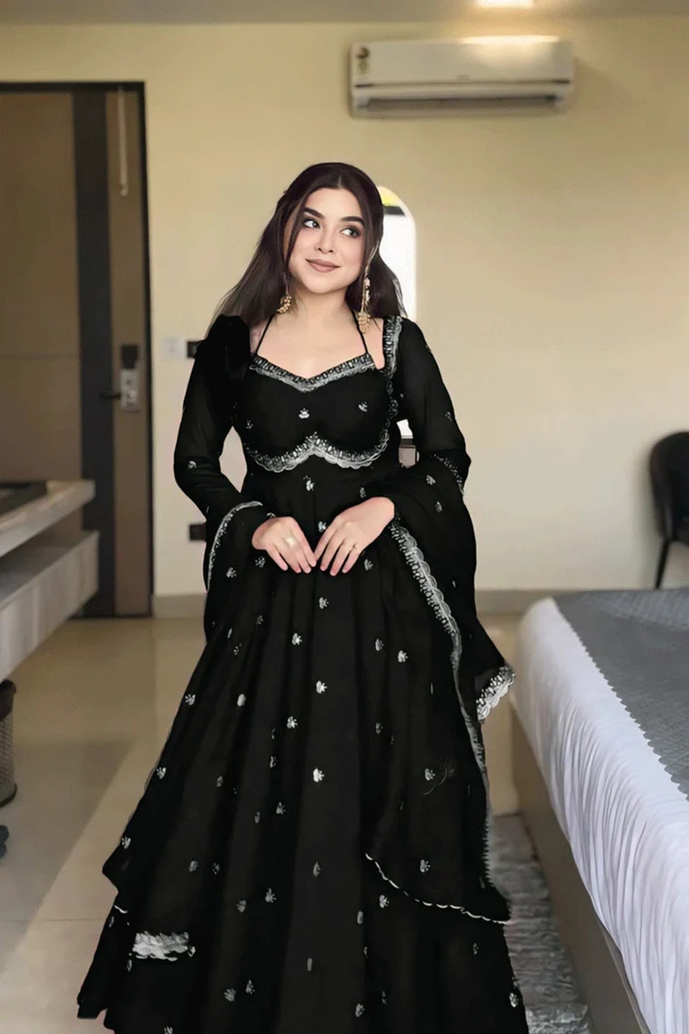 Image of Pushti Creation Embroidered Anarkali Kurta, Bottom & Dupatta Set