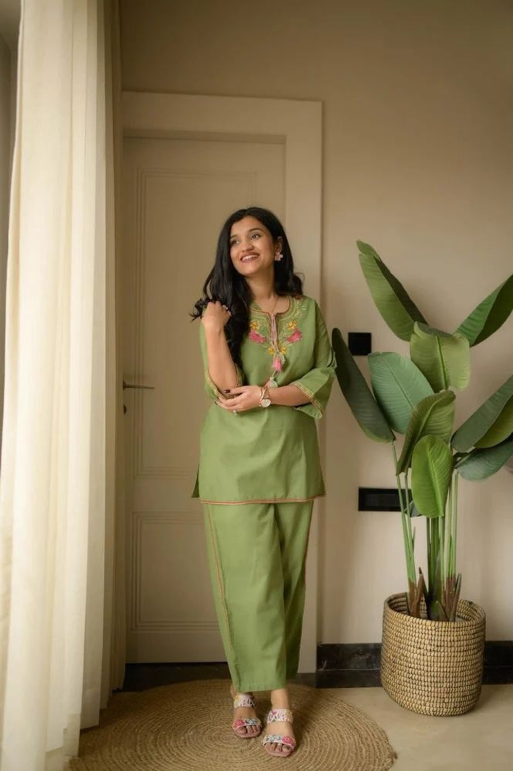 Image of HOMETRACE Embroidered Kurta, Trouser /Pant & Dupatta Set