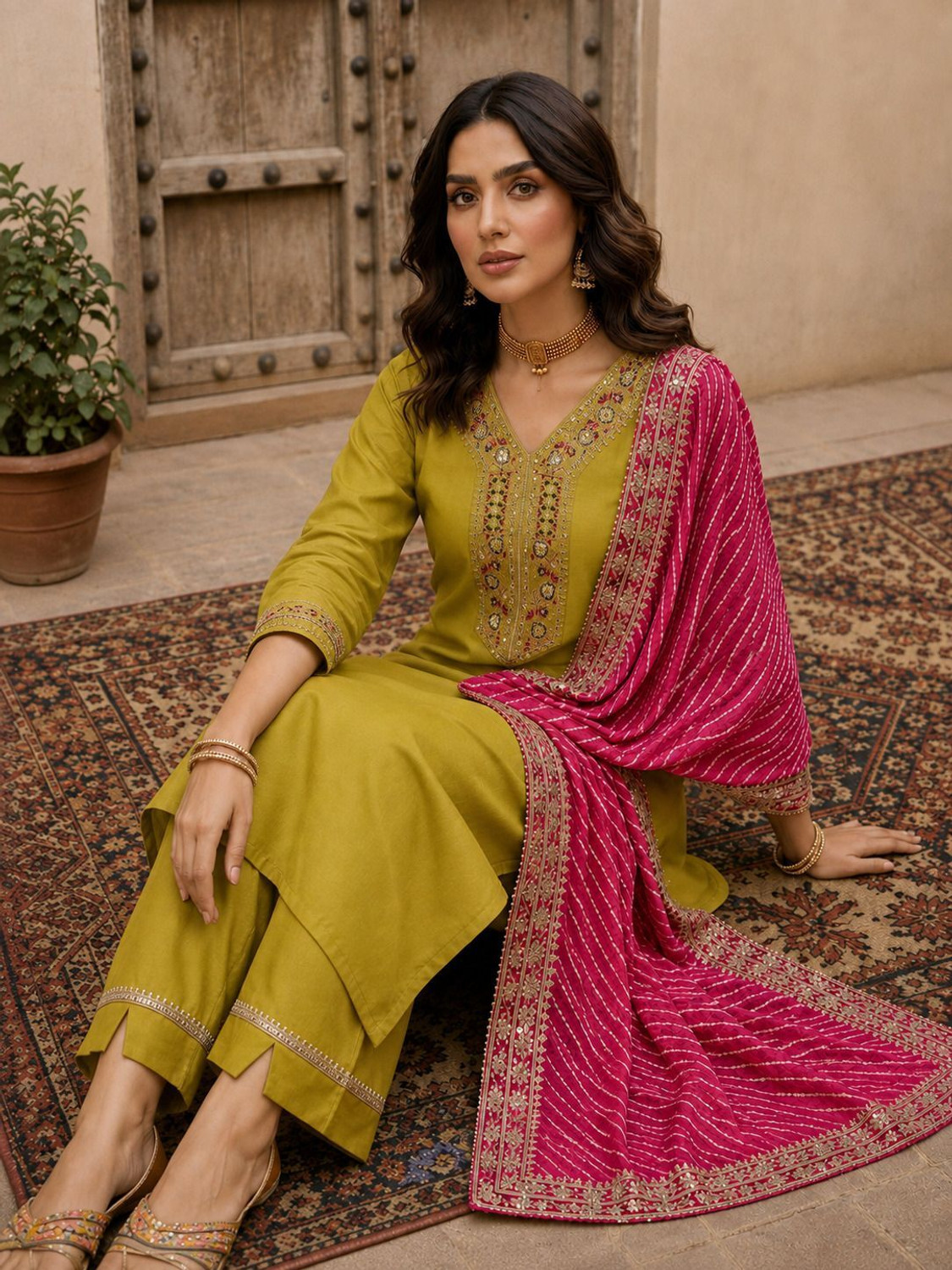 Image of ANERITEXARC Embroidered Kurta, Trouser /Pant & Dupatta Set
