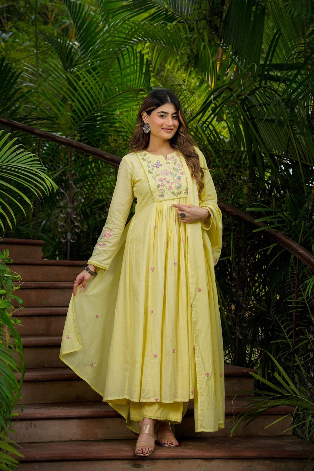 Image of Growdamy Embroidered Anarkali Kurta, Bottom & Dupatta Set